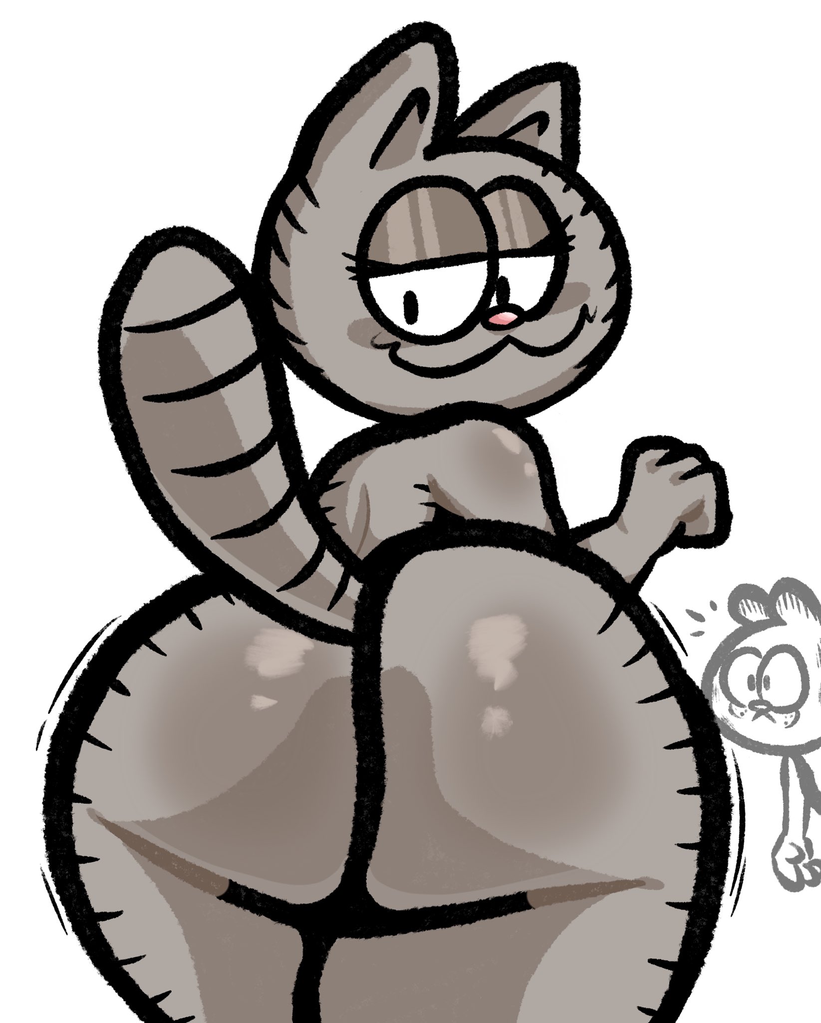 :3, ass, back view, big ass, bubble ass, bubble butt, feline, femboy, garfield (series), garfield the cat, grey body, huge ass, lewdewott, looking back, male, nermal (garfield), tail, thick thighs, wide hips