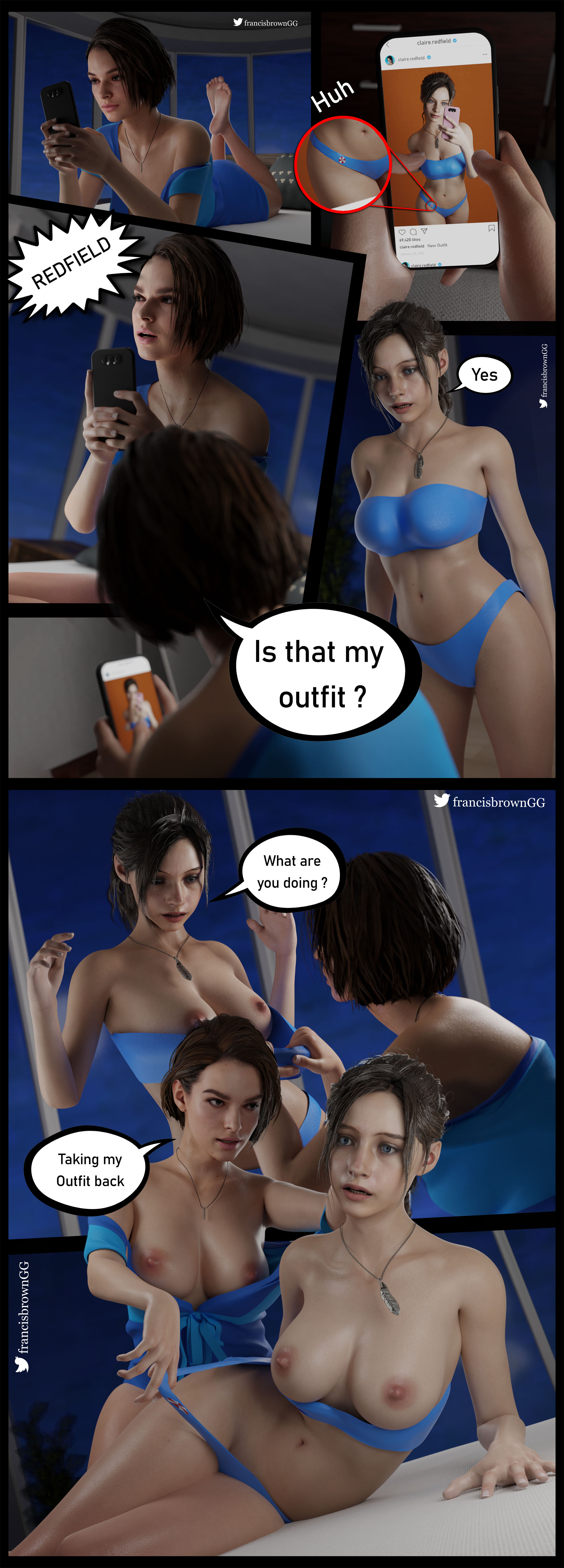 2girls, 3d, capcom, claire redfield, comic, female, francis brown, jill valentine, jill valentine (sasha zotova), resident evil, resident evil 2, resident evil 2 remake, resident evil 3, resident evil 3 remake, speech bubble, tagme