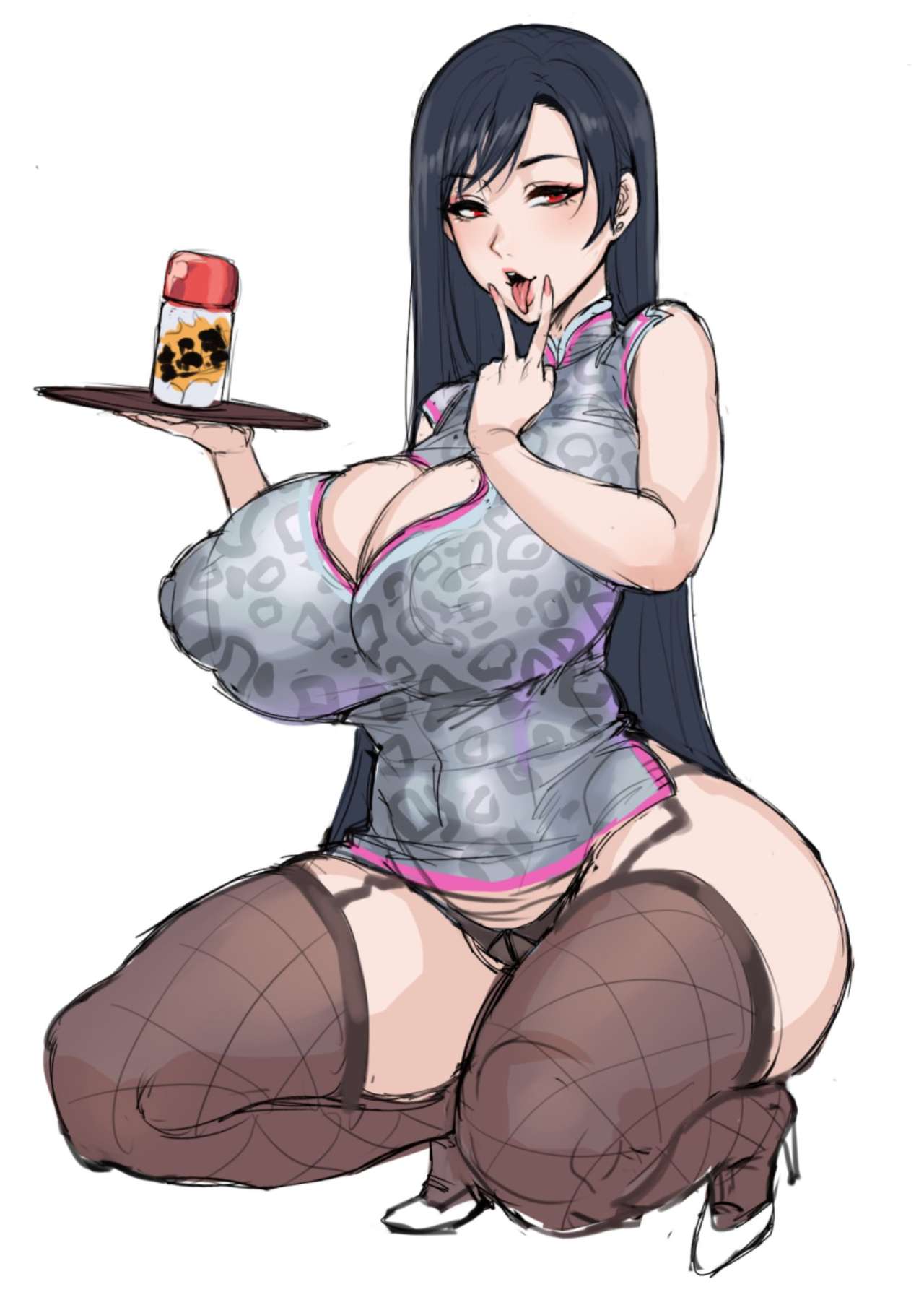 asa (teng zi), black hair, breasts, chinese clothes, female, final fantasy, final fantasy vii, final fantasy vii remake, fishnets, large breasts, red eyes, tagme, tifa lockhart, tongue, tongue out