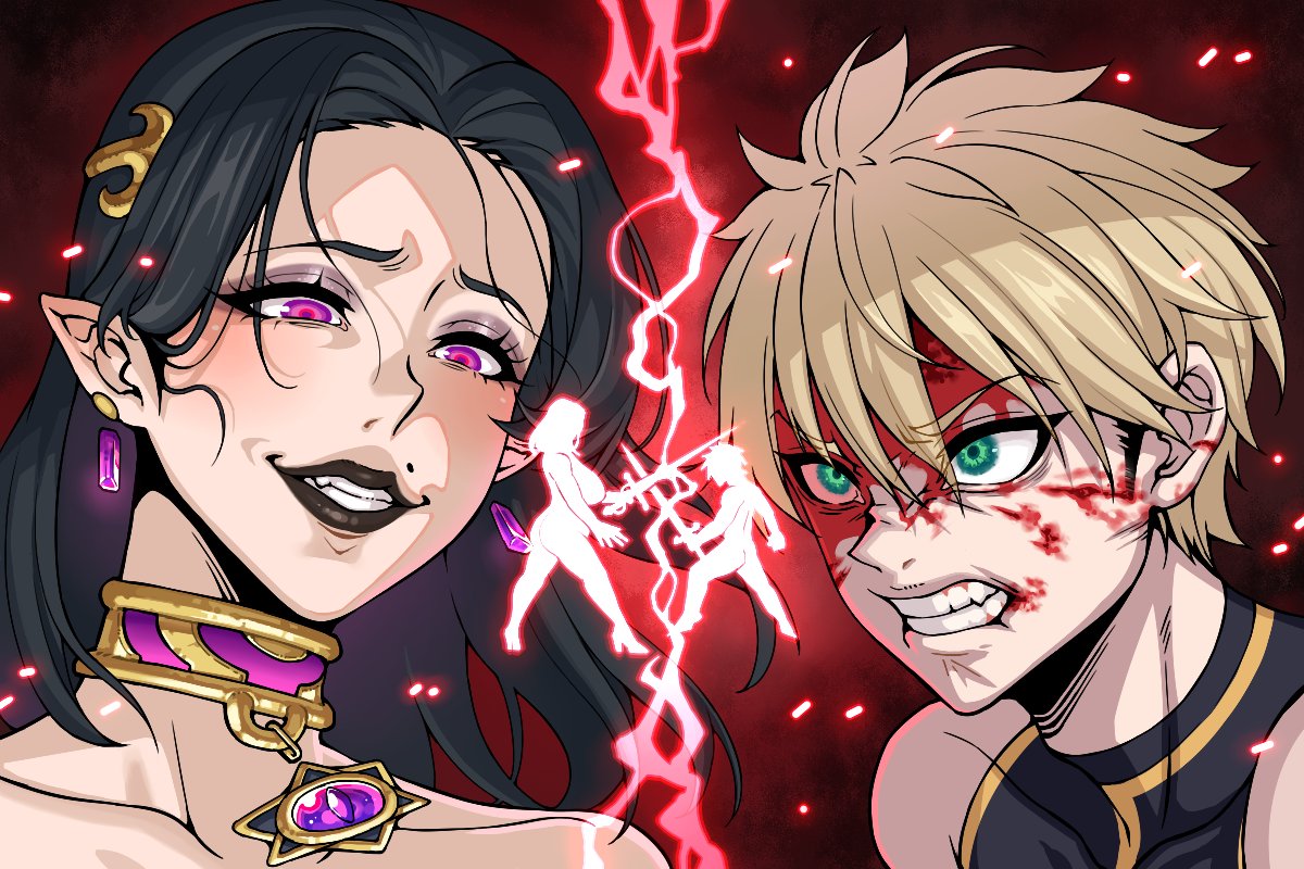 1boy 1girls angry asa_(teng_zi) black_hair black_lipstick blonde_hair blood_on_face confrontation green_eyes jewelry kirist light-skinned_female light-skinned_male mole_over_mouth pointy_ears purple_eyes smug smug_face tail_of_desire