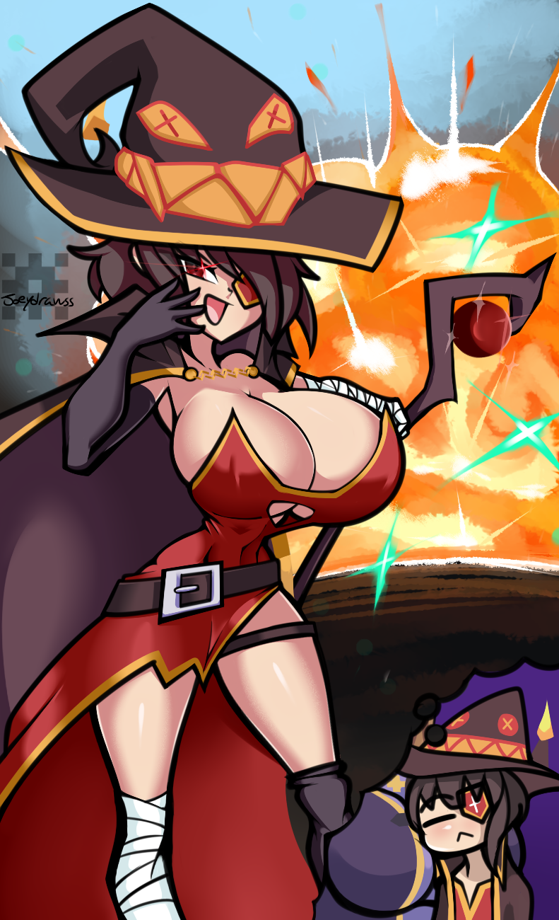 2021 aged_up bare_thighs big_breasts breasts breasts_bigger_than_head cleavage corset dream huge_breasts joeydrawss kono_subarashii_sekai_ni_shukufuku_wo! magician megumin sleeping_on_breasts tagme thin_waist