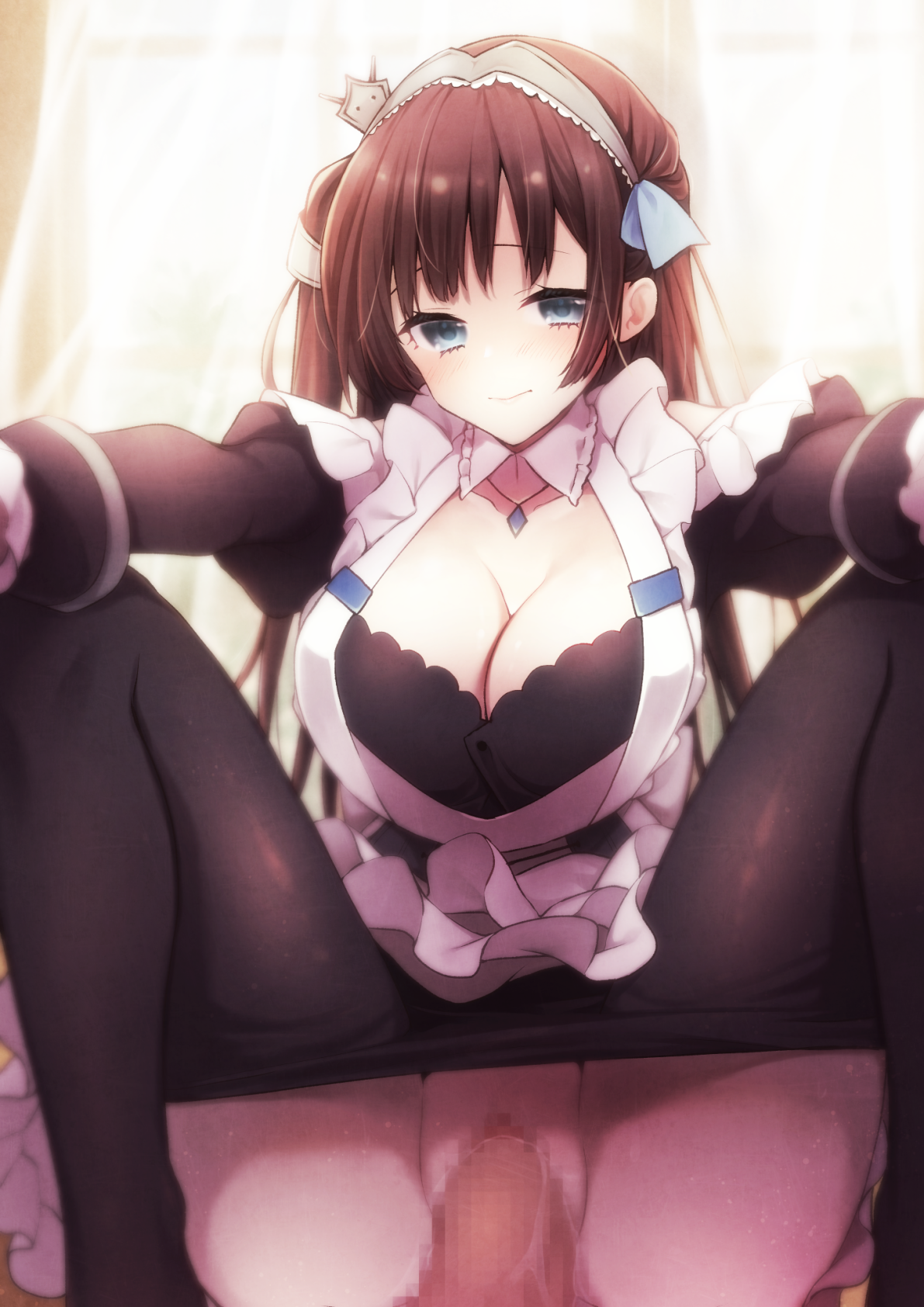 1boy, 1girls, apron, azur lane, big breasts, black legwear, blue eyes, breasts, brown hair, censored, cleavage, female, highres, juliet sleeves, large breasts, light skin, light-skinned female, light-skinned male, long hair, long sleeves, maid, maid apron, maid headdress, male, mosaic censoring, newcastle (azur lane), noko (noko12yayoi), pantyhose, puffy sleeves, pussy, royal navy (azur lane), sex, solo focus, straight, vaginal penetration, white apron