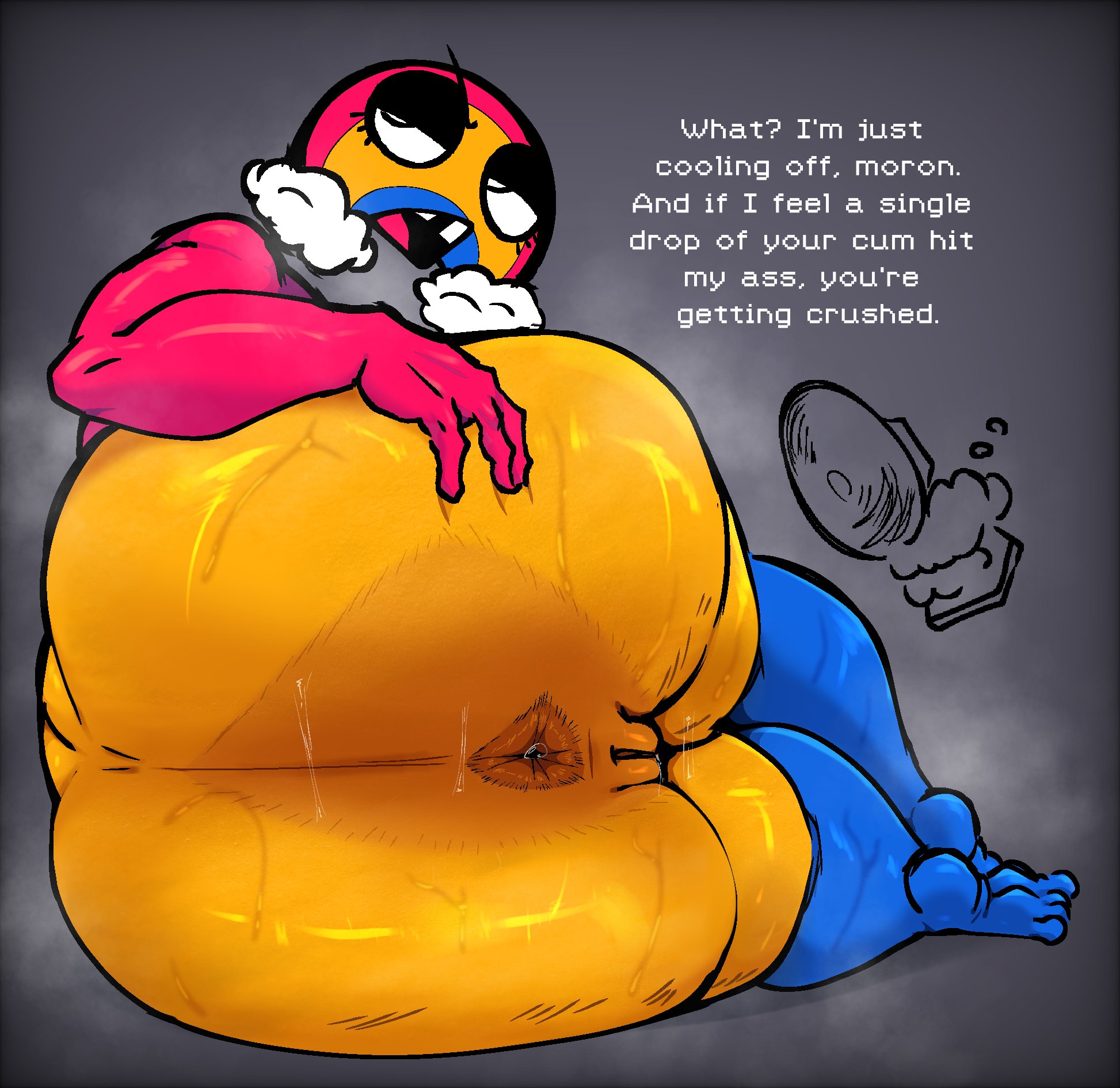 1girls, anal juice, anal juice bubble, anal juice string, anus, anus focus, ass, bubble, chica's magic rainbow, dark crack, eyelashes, fat ass, female, five nights at freddy's, hyper, hyper ass, hyper butt, hyper thighs, nanodude78, pussy, rainbow, simple background, solo, steaming body, sweat, sweatdrop, sweating, text, three tone body, yellow anus