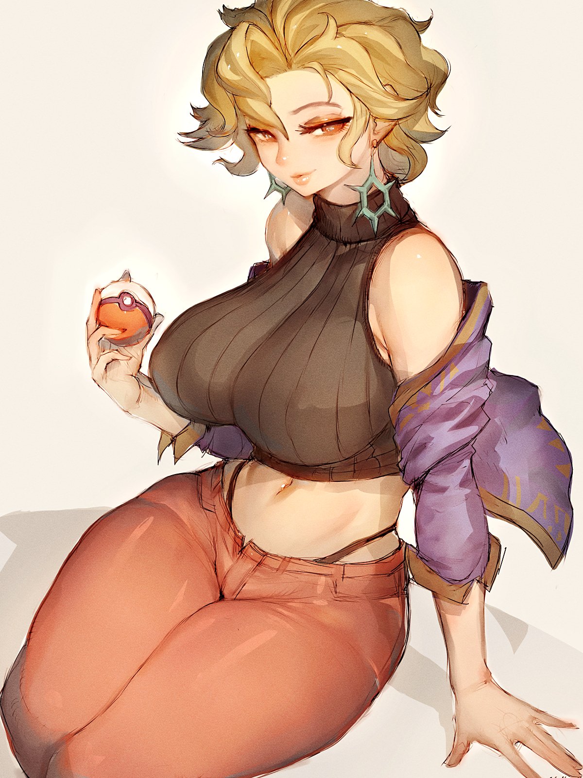 1girls, blonde hair, breasts, briar (pokemon), female, fumio (rsqkr), game freak, hi res, hips, holding object, holding pokeball, huge breasts, light skin, light-skinned female, midriff, nintendo, pokemon, pokemon sv, solo, thick thighs, thighs, wide hips