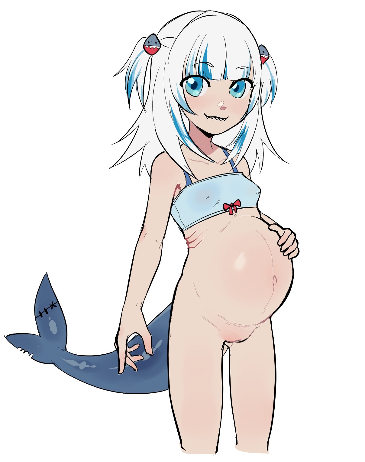 1female 1girls 5_fingers animal_tail breasts female female_only gawr_gura gills hololive hololive_english hololive_myth light-skinned_female looking_at_viewer nipple_bulge omega_haunter pregnant pregnant_belly pregnant_female shark_tail skinny skinny_female skinny_girl solo tail virtual_youtuber