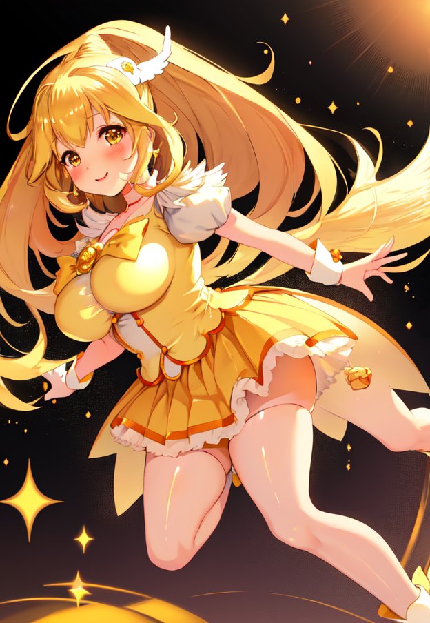 ai_generated blonde_hair blush clothing cure_peace dress happy large_breasts medium_breasts precure pretty_cure smile_precure thighs yayoi_kise