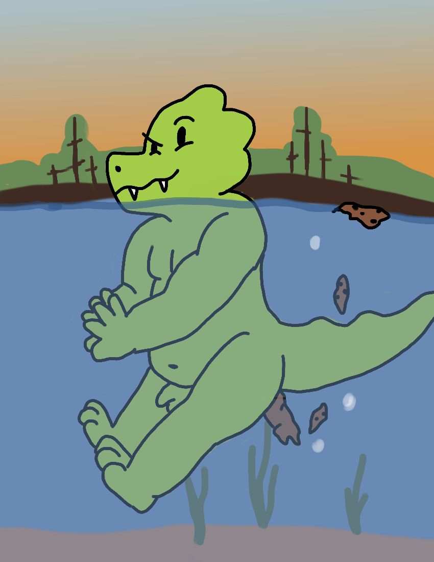 alligator alligatorid anthro bubble butch_(sharkyplumber) casual_nudity crocodilian fart fart_bubbles farting_underwater feces floating genitals lake male navel nude orange_sky penis plant pooping_underwater reptile rising sand scalie scat scat sharkyplumber smug smug_expression smug_face solo swimming tree water