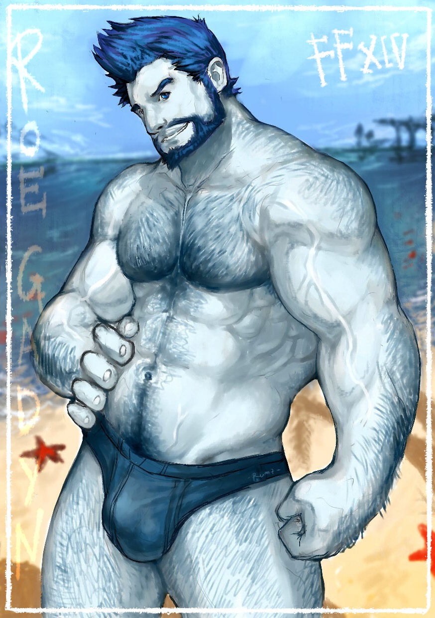 balls bara beard bulge facial_hair final_fantasy final_fantasy_xiv hand_on_hip male male_only muscles muscular penis pockyrumz roegadyn solo solo_male underwear underwear_only