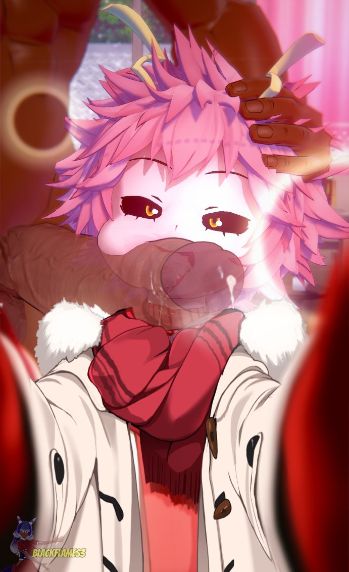 1girls, 3d, big penis, black sclera, blackflames3, clothed female nude male, dark skin, dark-skinned male, fellatio, female, female focus, head grab, horns, imminent oral, interracial, koikatsu, licking penis, looking at viewer, male, mina ashido, my hero academia, penis, pink body, pink hair, pink skin, selfie, unseen male face, winter clothes, yellow eyes