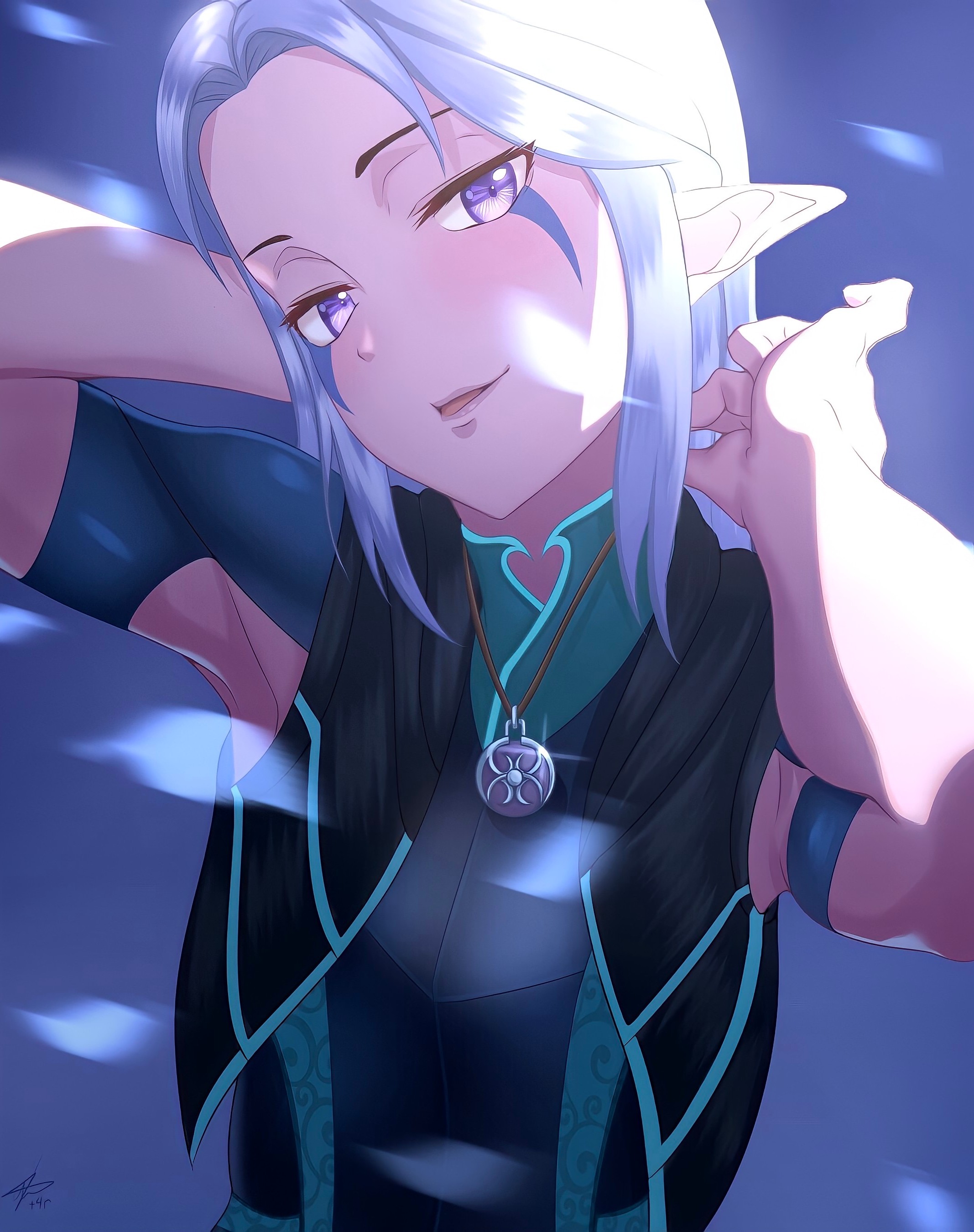 1girls, armpits, bodysuit, breasts, clothed, elf, elf ears, facial markings, female, female only, hands behind head, hi res, highres, looking at viewer, netflix, pointy ears, purple eyes, rayla (the dragon prince), small breasts, smile, solo, the dragon prince, white hair