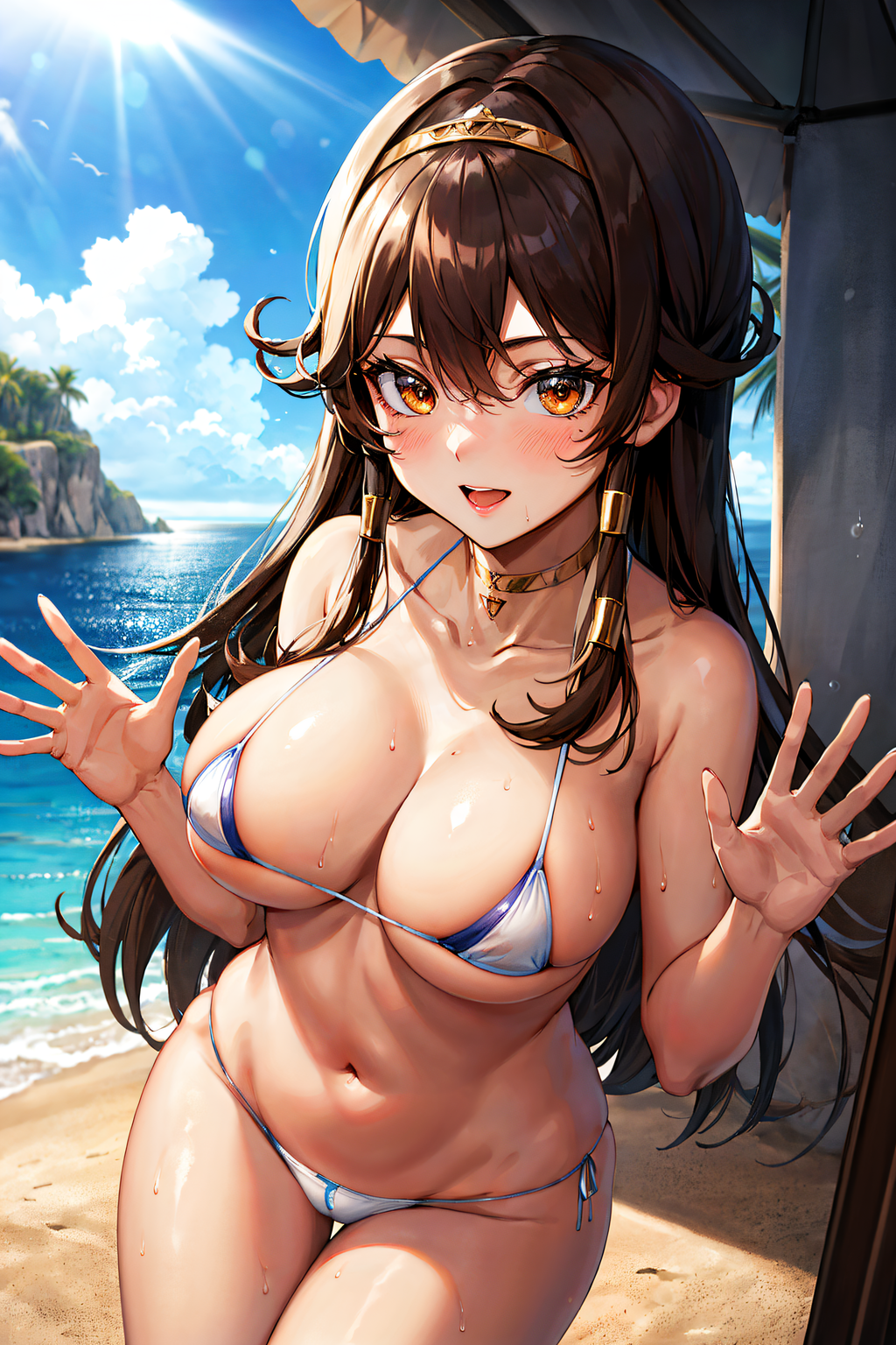 accessory ai_generated beach_background bikini blush brown_hair diadem egyptian_female huge_breasts long_hair looking_at_viewer navel sephiaton955 sera_(yu-gi-oh!) smile voluptuous yu-gi-oh! yu-gi-oh!_the_dark_side_of_dimensions