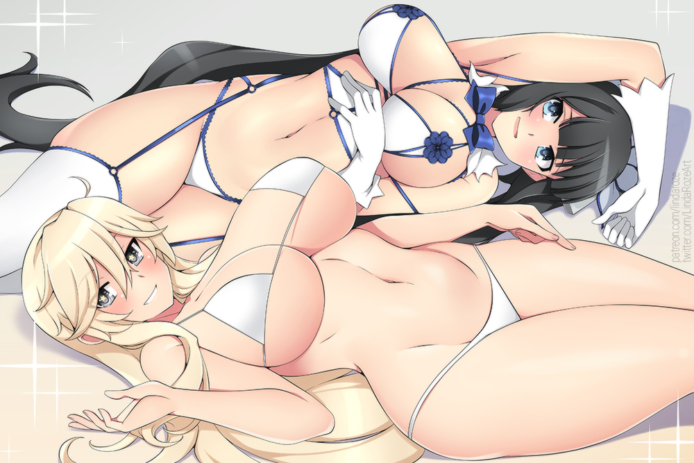 2021, 2girls, belly button, big breasts, bikini, black hair, blonde hair, breasts, dungeon ni deai wo motomeru no wa machigatteiru darou ka, female, hestia (danmachi), iowa (kantai collection), kantai collection, laying down, lindaroze, multiple females, multiple girls, tagme, thick, thick thighs