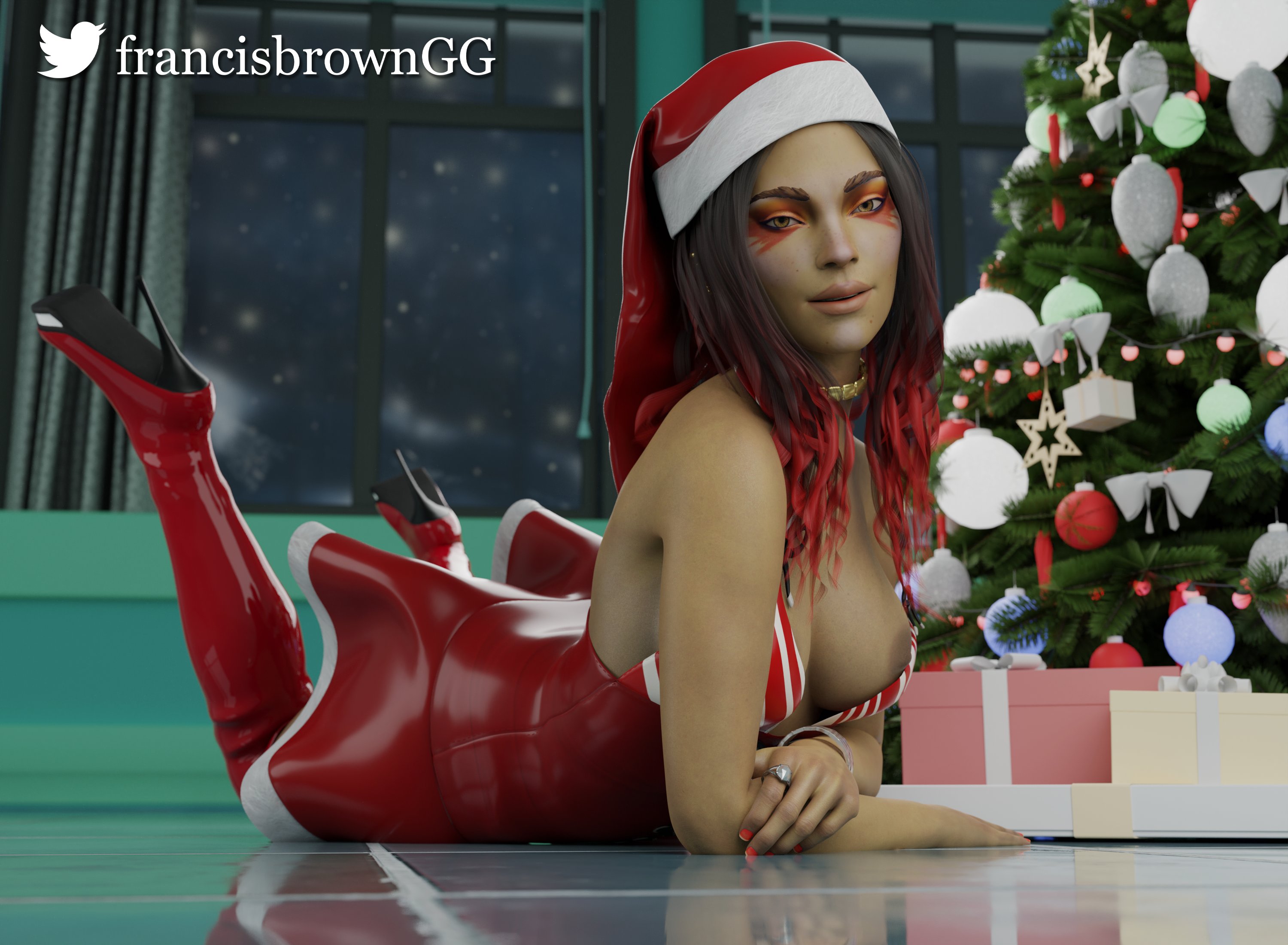 1girls, 3d, apex legends, breasts, christmas, christmas outfit, christmas tree, dark skin, dark-skinned female, female, female only, francis brown, high heel boots, high heels, latex, loba (apex legends), nipple slip, nipples, one breast out, red hair, rubber, santa hat, solo
