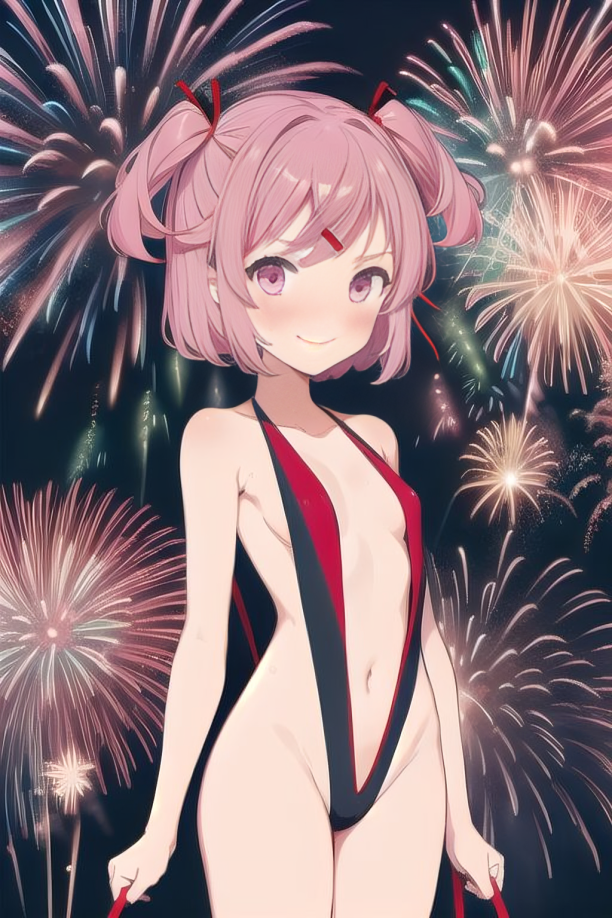 1girls ai_generated blush doki_doki_literature_club female female_only fireworks happy human looking_at_viewer natsuki_(doki_doki_literature_club) new_year_2024 new_years_eve night night_sky petite_body petite_breasts petite_female pink_eyes pink_hair pixai ribbons slim sling_bikini slingshot_bikini slingshot_swimsuit small_breasts smiling solo twintails