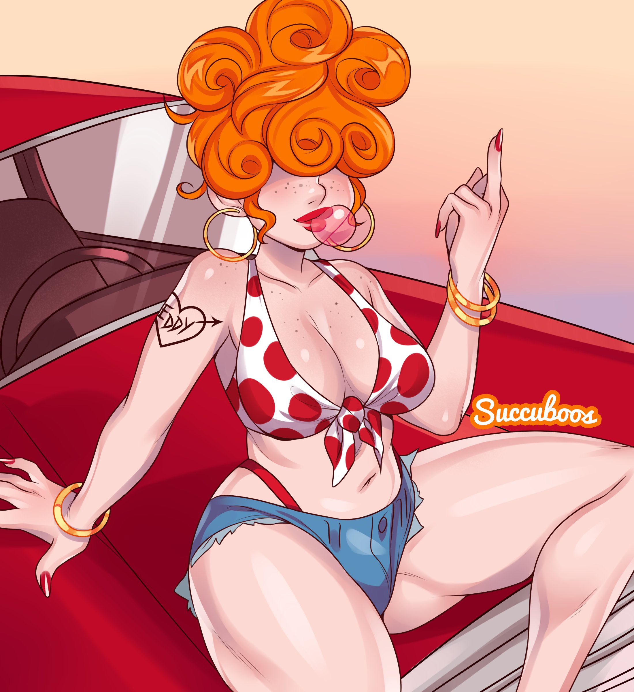 1girls, 2019, artist name, bracelets, bubble gum, cartoon network, curly hair, earrings, ed edd n eddy, female, female only, flipping off, flipping the bird, flipping viewer off, freckles, hair between eyes, hi res, kanker sisters, lee kanker, middle finger, orange hair, red lipstick, red nail polish, sitting, sitting on car, solo, succuboos