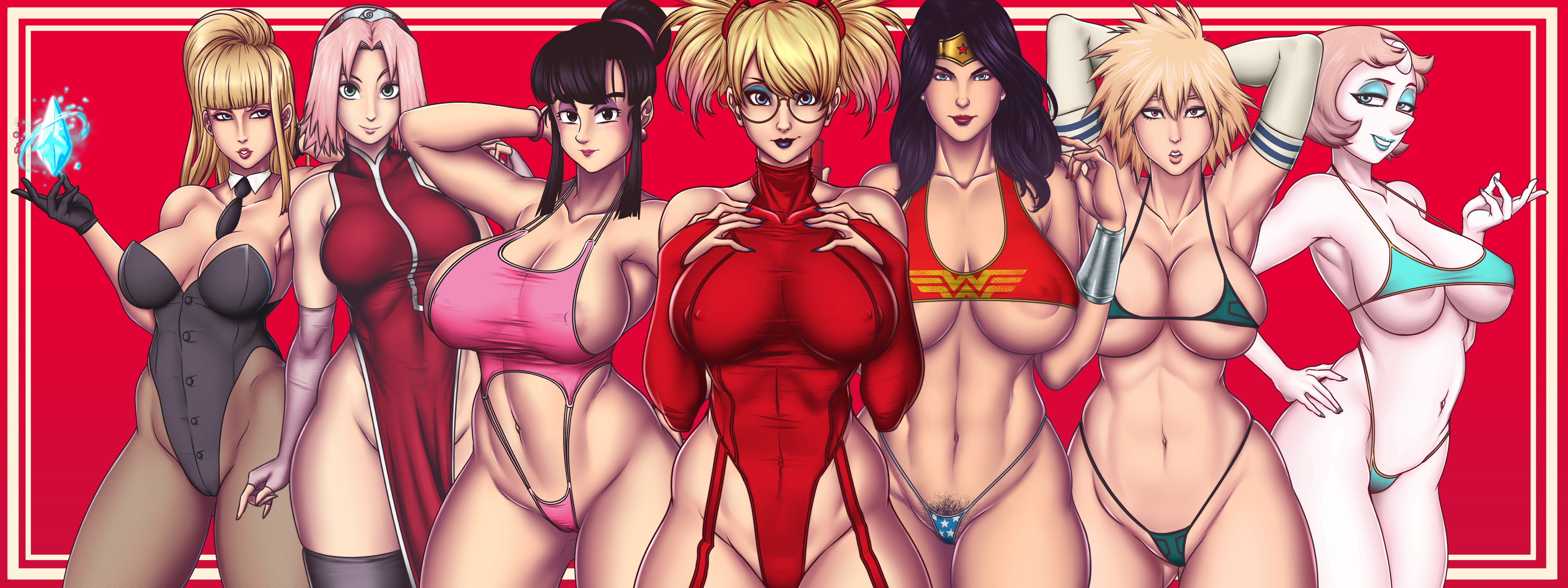 6+girls, 7girls, adult swim, alien, armpits, bangs, bare shoulders, bemannen, bikini, black hair, blonde hair, blunt bangs, border, breasts, bridal gauntlets, cartoon network, chichi, clavicle, cleavage, cowboy shot, crossover, curvaceous, dc, dc comics, detached collar, dragon ball, dragon ball z, dress, eastern and western character, female, female only, female pubic hair, fishnet legwear, fishnet pantyhose, fishnets, gem (species), groin, high resolution, highleg, highleg bikini, highleg swimsuit, large breasts, leotard, light skin, light-skinned female, lips, lipstick, long hair, looking at viewer, makeup, milf, mitsuki bakugou, multiple females, multiple girls, my hero academia, naruto, naruto (series), naruto shippuden, navel, necktie, one-piece swimsuit, original, original character, outside border, pale skin, pale-skinned female, pantyhose, peach hair, pearl (gem), pearl (steven universe), pelvic curtain, pink hair, ponytail, pose, pubic hair, red background, sakura haruno, short hair, sidelocks, simple background, sling bikini, spiky hair, steven universe, stockings, stomach, swimsuit, thick thighs, thighs, tied hair, toonami, twintails, underboob, very high resolution, voluptuous, wide hips, wonder woman, wonder woman (series)