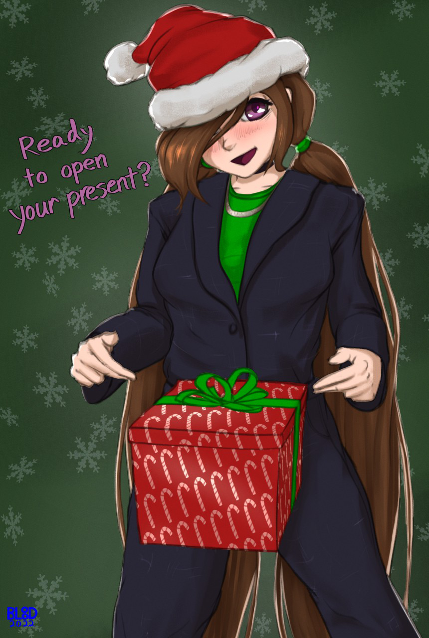 1futa blue_jacket blue_pants bluebl8d breasts brown_hair christmas christmas_present circumcised clothed clothing dialogue dick_in_a_box english_text fully_clothed futa_only futanari green_shirt human jacket light-skinned_futanari light_skin long_hair morgan_(bluebl8d) morgan_cassidy non-nude pants present purple_eyes santa_hat shirt solo standing text twintails veiny_penis