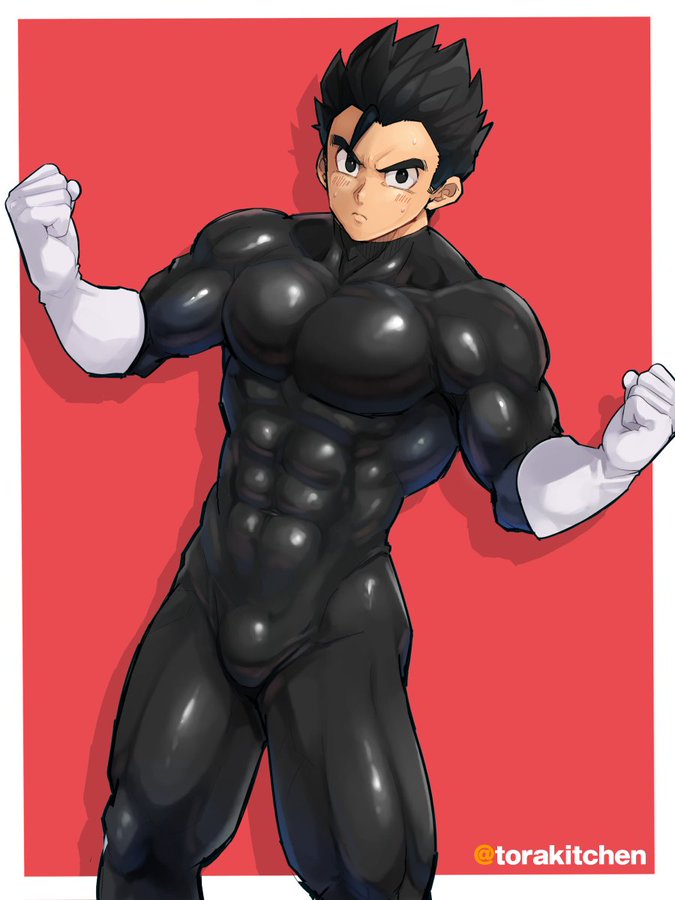 1boy abs black_hair bulge dragon_ball dragon_ball_z ebitendon male male_only muscular skin_tight solo son_gohan spandex torakichi_(ebitendon) torakitchen yaoi