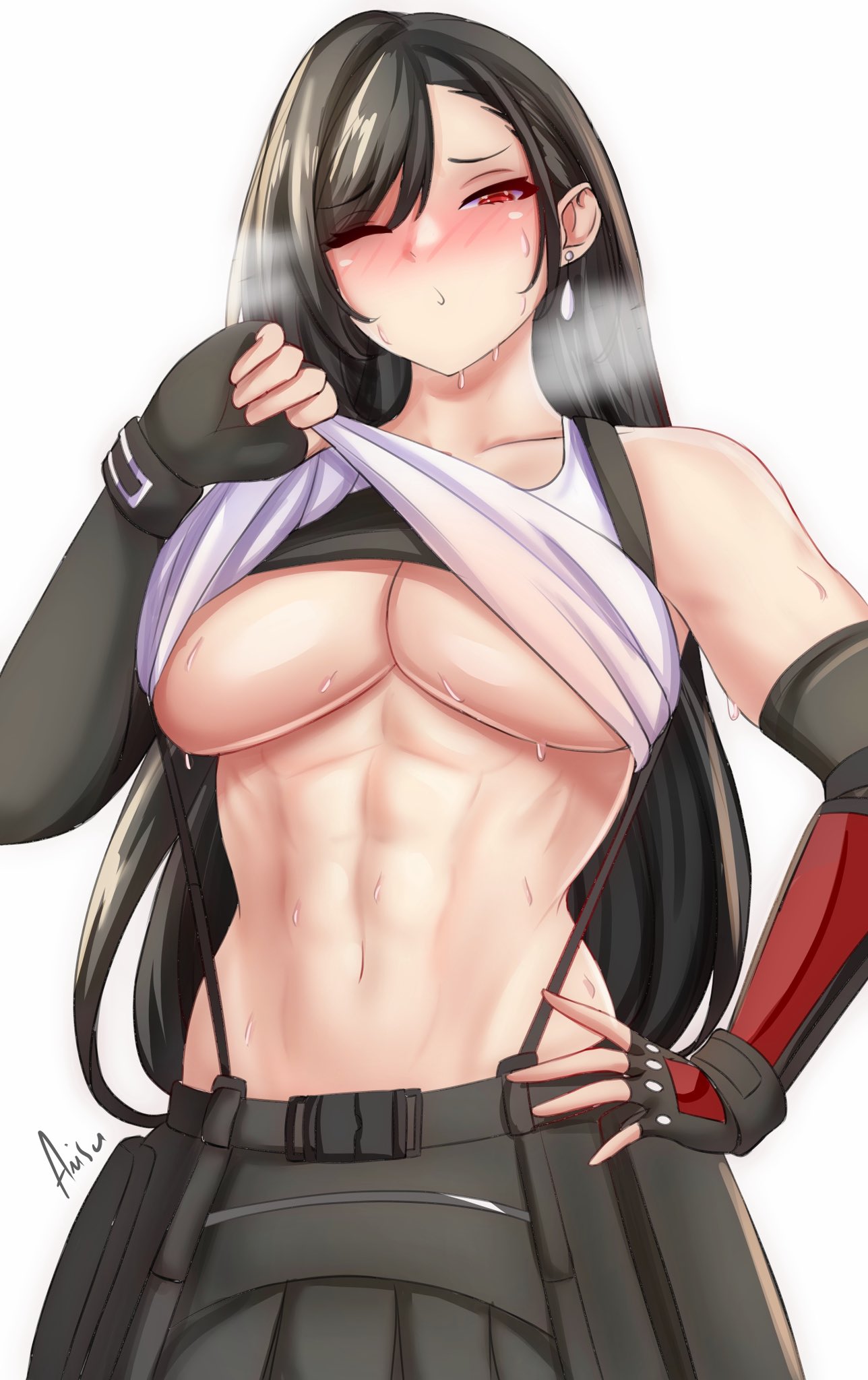 1girls, abs, anisdrawn, bare shoulders, black gloves, black hair, black skirt, blush, breasts, clothes lift, earrings, elbow gloves, female, final fantasy, final fantasy vii, final fantasy vii remake, fingerless gloves, gloves, highres, jewelry, large breasts, lifted by self, long hair, looking at viewer, midriff, navel, nose blush, one eye closed, red eyes, shirt lift, skirt, solo, stomach, sweat, tank top, tifa lockhart, toned, toned female, underboob, upper body, very long hair, white background, white tank top
