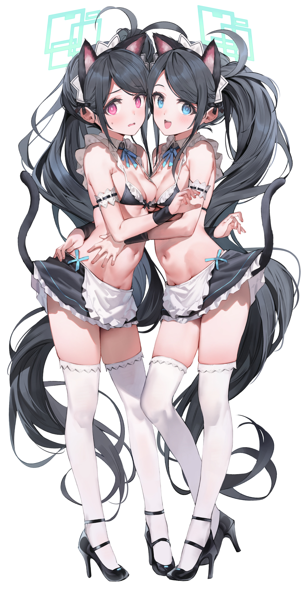 <key>_(blue_archive) 2girls :d alternate_body_type aris_(blue_archive) aris_(maid)_(blue_archive) blue_archive blush cat_ears embarrassed frilled_bikini game_development_department_(blue_archive) heels hugging kneesocks maid maid_bikini maid_uniform millennium_science_school_student no_panties parsley_f petite shy small_breasts smile socks sweatdrop wavy_mouth young