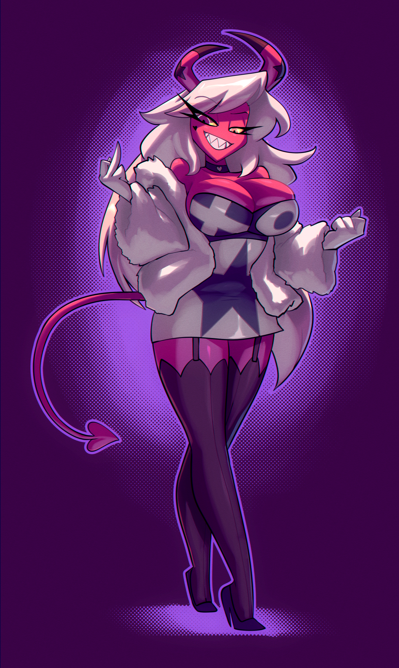 1girls, big breasts, bigdad, breasts, clothed, clothing, demon, demon girl, demon horns, demon tail, demon wings, female, female focus, female only, gloves, helluva boss, large breasts, long hair, pink body, sharp teeth, solo, solo female, succubus, thighs, verosika mayday (helluva boss), white hair