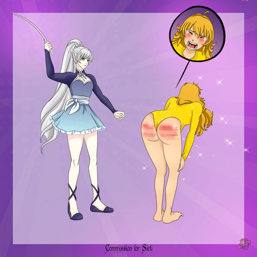 2girls blonde_hair caning crying multiple_girls punishment punishment_spanking rwby spanked spanking vscarok weiss_schnee white_hair yang_xiao_long