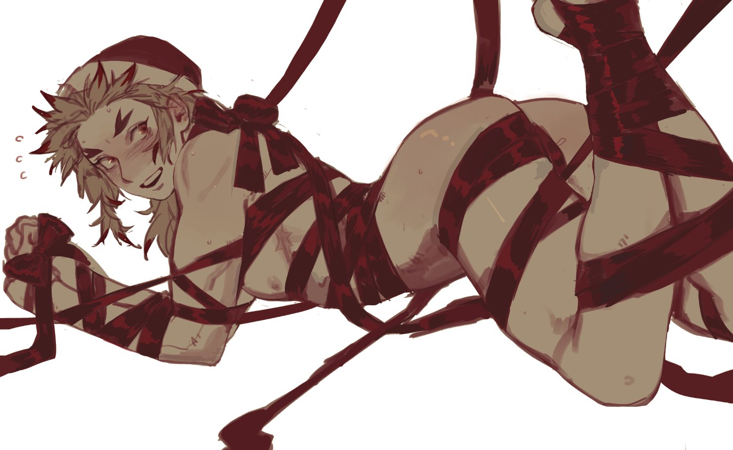 1boy, ass, bondage, demon slayer, kimetsu no yaiba, male, male only, muscular, muscular male, naked, rengoku kyoujurou, restrained, solo, solo male, tied up, twunk