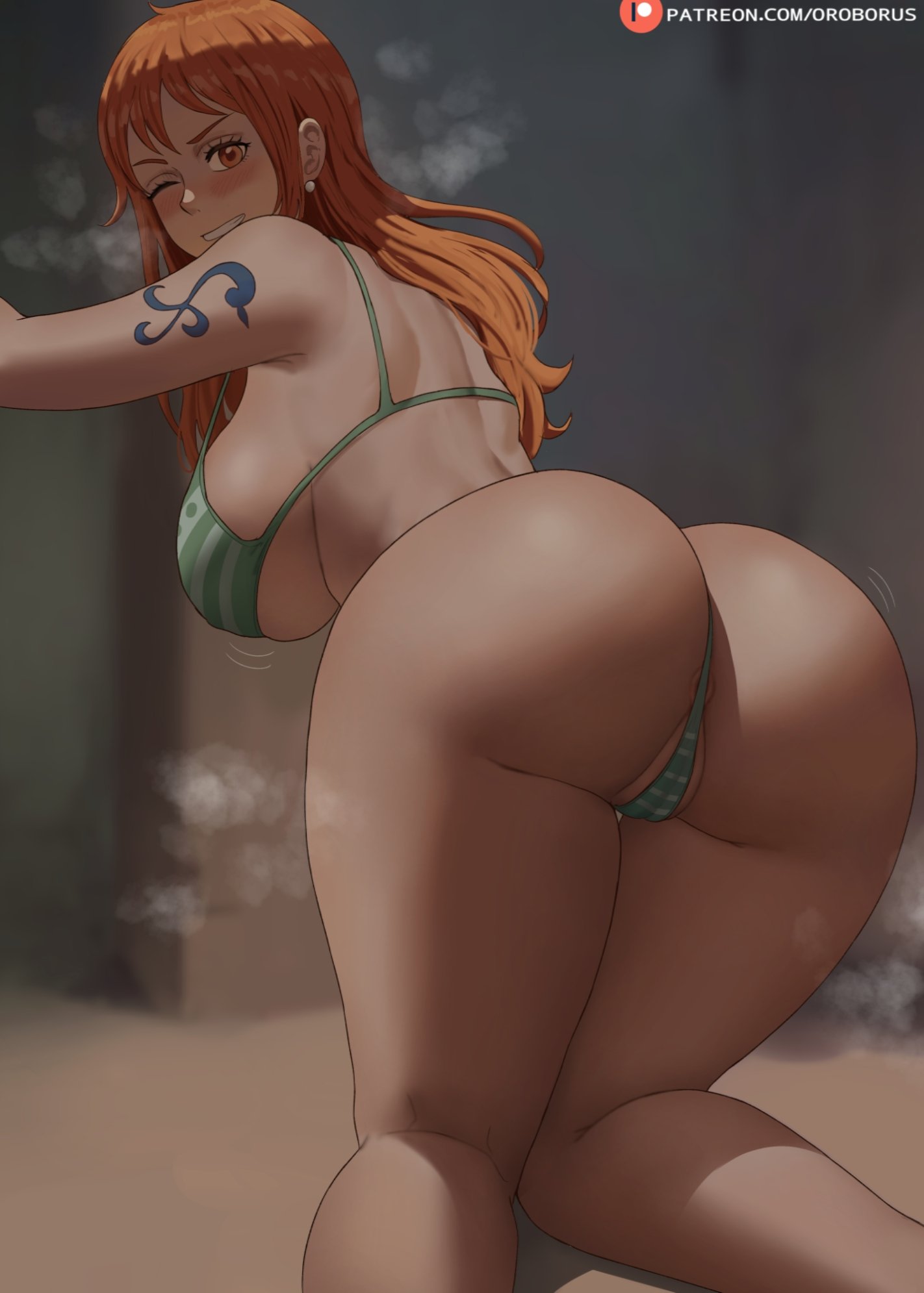 1girls ass bikini breasts dat_ass female female_only hi_res huge_ass huge_breasts light-skinned_female light_skin long_hair nami naughty_face one_piece orange_hair oroborusart post-timeskip savagexthicc solo striped_bikini wide_hips