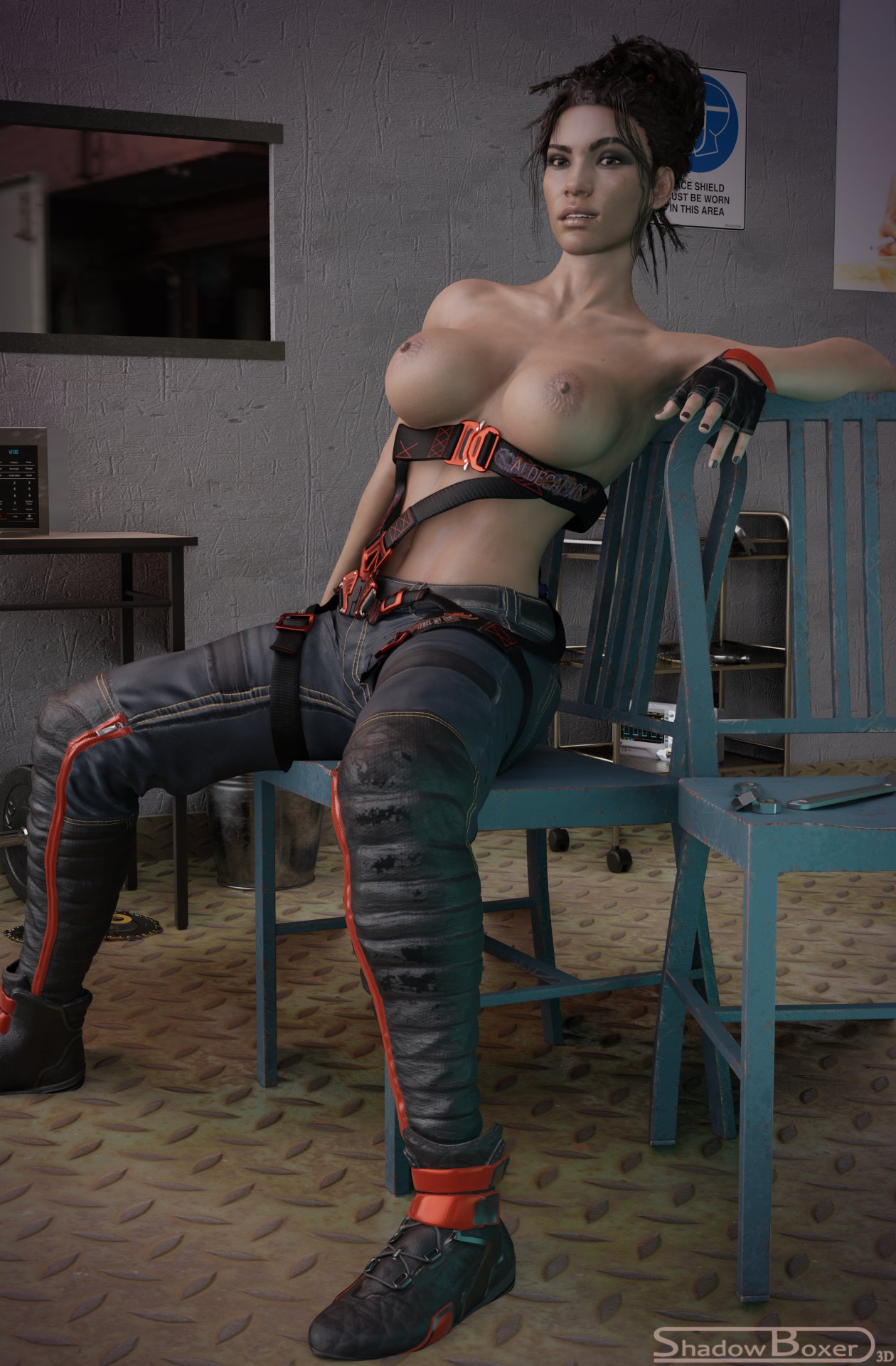 1girls, 3d, areolae, belt, big breasts, blender, breasts, cyberpunk 2077, female, female only, footwear, handwear, harness, human, large breasts, looking at viewer, nipples, panam palmer, shadowboxer, solo, topless