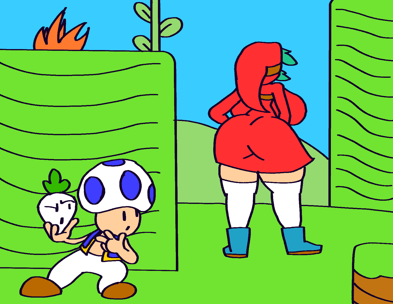 1boy 1girls ass ass_focus backboob big_ass big_breasts breasts busty clothed clothing female full_body gremlingrounded huge_breasts male mario_(series) nintendo outdoors shy_gal shy_gal_red standing super_mario_bros._2 toad_(mario)