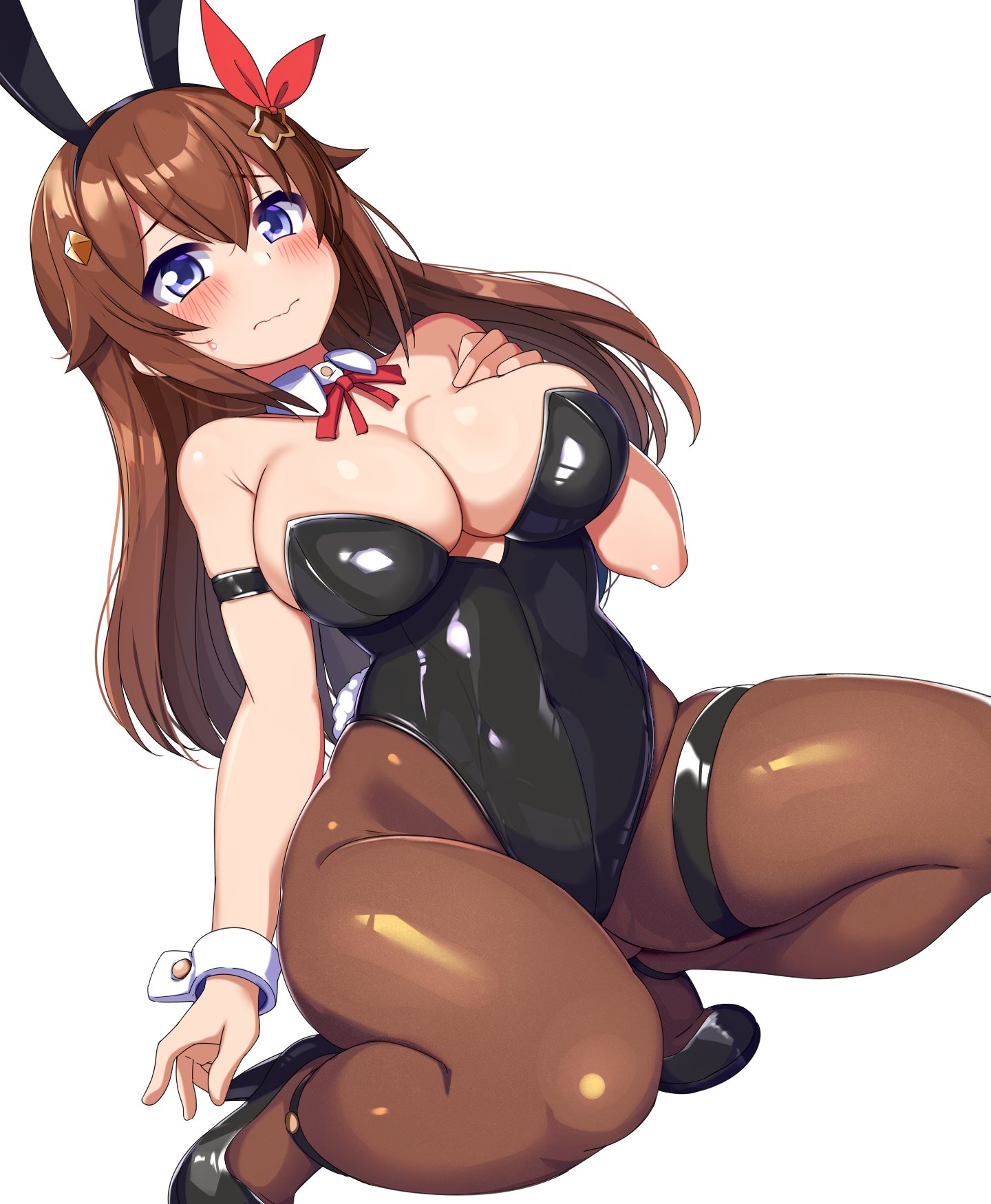 blush, breasts, brown hair, bunny ears, bunny girl, bunnysuit, closed mouth, cute, detached collar, detached sleeves, embarrassed, female, hair ribbon, hand on breast, heels, hololive, hololive gen 0, hololive japan, huge breasts, huge thighs, kneeling, ring, sakanaya (sakanaya952), simple background, thick thighs, tokino sora, virtual youtuber, wavy mouth, white background, wide hips