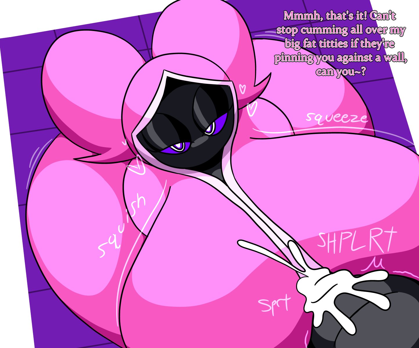 2022, 2d, boob window, breasts, breasts bigger than head, casual, casual nudity, clothed, cum, dialogue, female, ghost, ghost girl, gremlingrounded, huge breasts, no bra, onomatopoeia, paizuri, paizuri under clothes, palle (gremlingrounded), pink (gremlingrounded), public, public nudity, teasing, text