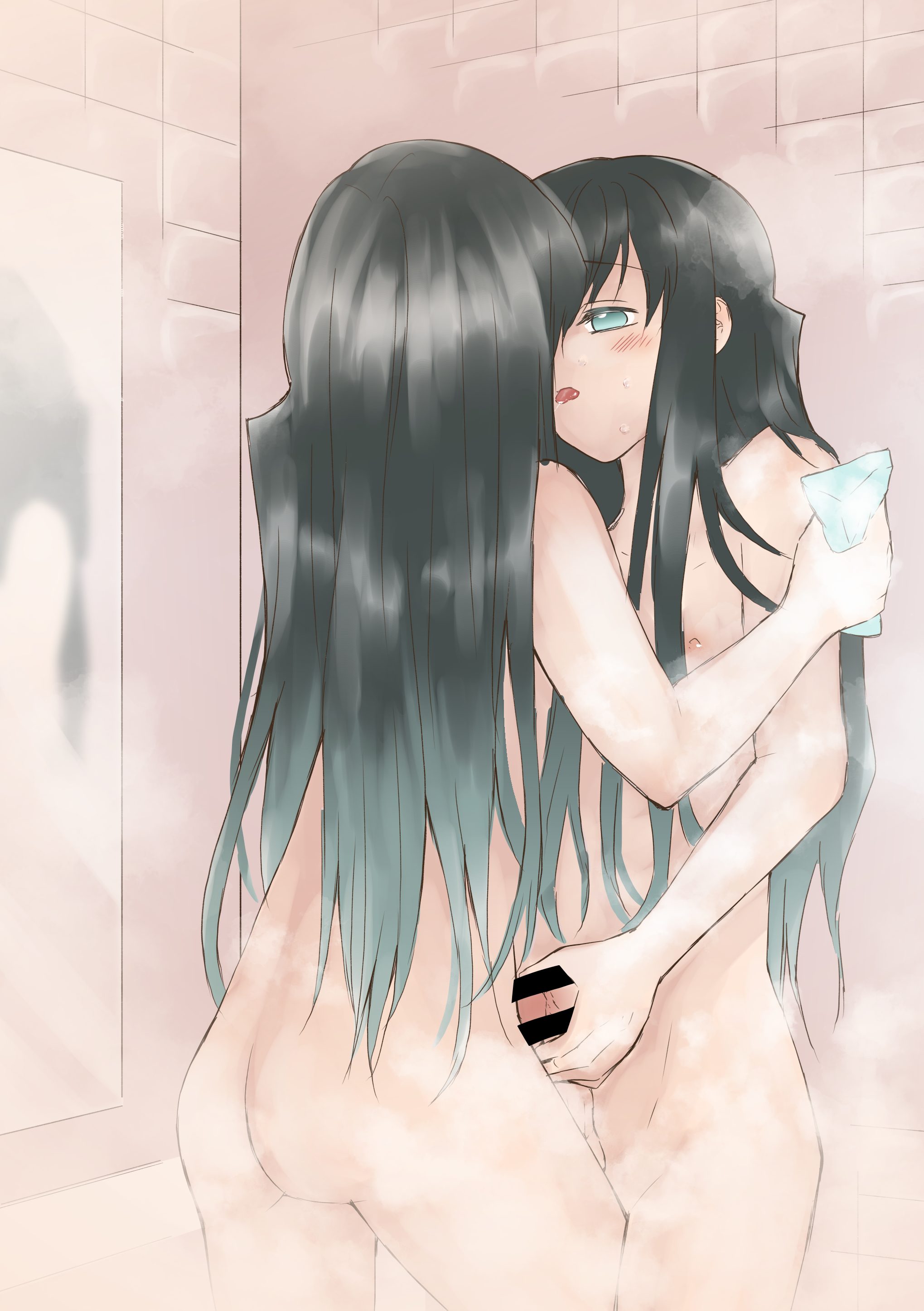 2boys, against wall, androgynous, black hair, blush, brother, brothers, censored, completely nude, dark hair, demon slayer, femboy, gay, handjob, incest, kimetsu no yaiba, long hair, long-haired male, male, male only, muichiro tokitou, nude, penis, shower, siblings, steam, twins, two-tone hair, yaoi, yuichiro tokitou