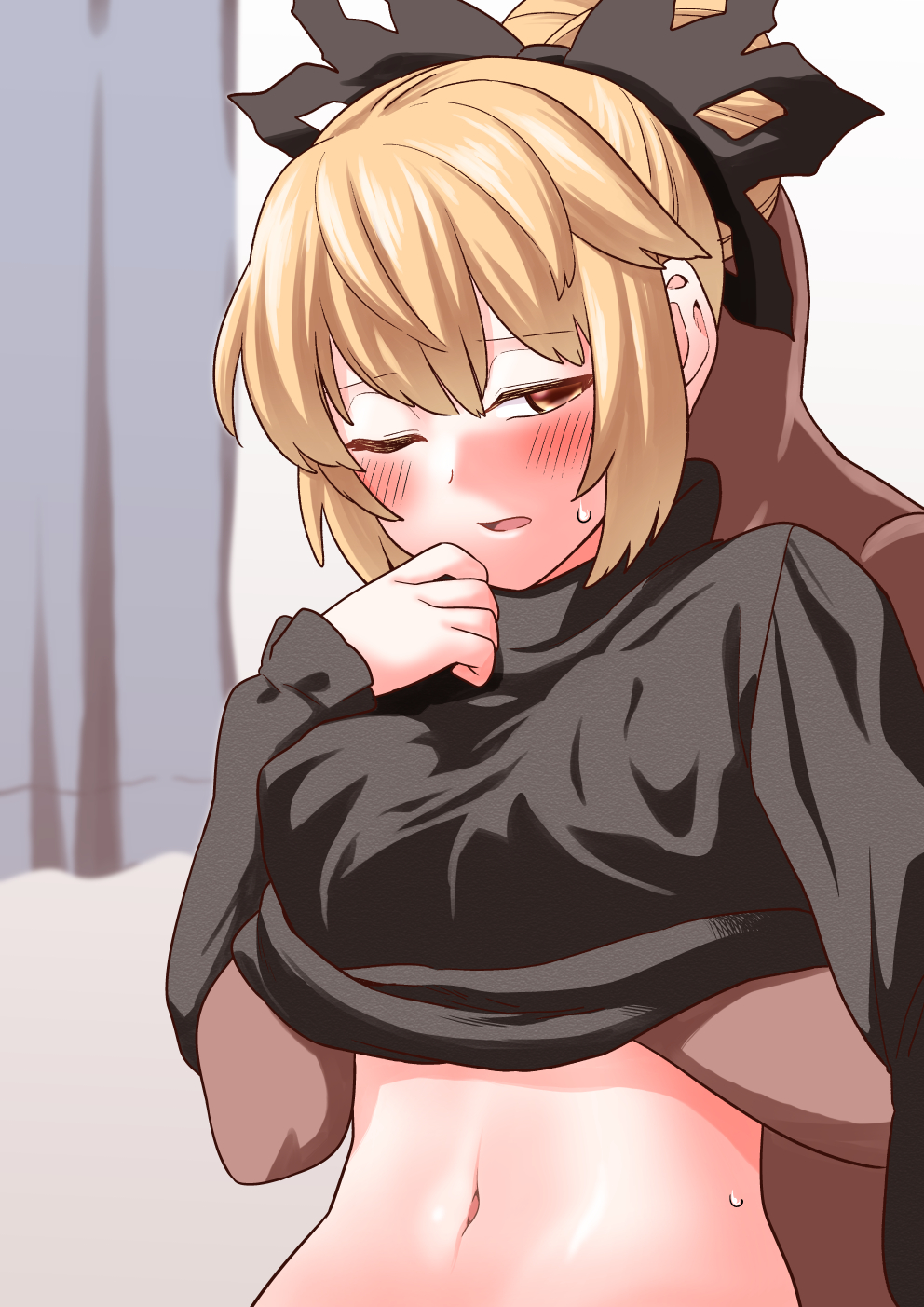 1boy 1boy1girl 1girls belly_button blonde_hair blush breast_grab breasts bun clothed female_focus fondling fondling_breast fuuzasa groping groping_breasts groping_from_behind indoors navel one_eye_closed open_mouth ribbon shirt_lift shirt_up sweatdrop touhou urazasa yamame_kurodani yellow_eyes