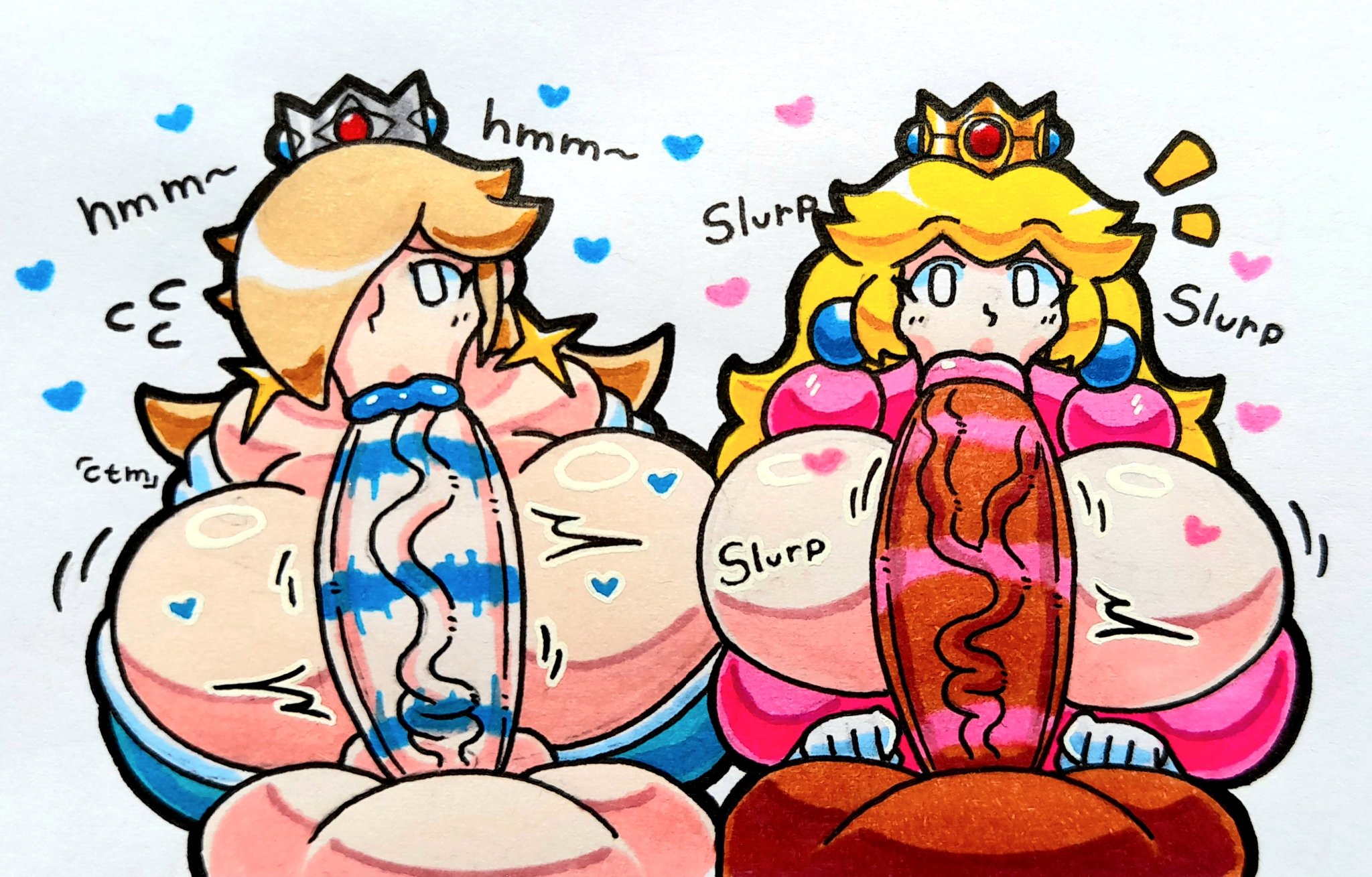 :>=, 2boys, 2girls, big lips, big penis, bimbo lips, blowjob, blue lipstick, boob window, breasts, casual, casual nudity, clothed, female, huge breasts, huge cock, huge lips, kiss mark, kiss mark on penis, lipstick, lipstick mark, lipstick on penis, male, mario (series), mr.ctm, no bra, oral, penis, pink lipstick, princess peach, princess rosalina, sibling (lore), siblings, sister (lore), sisters, sloppy blowjob