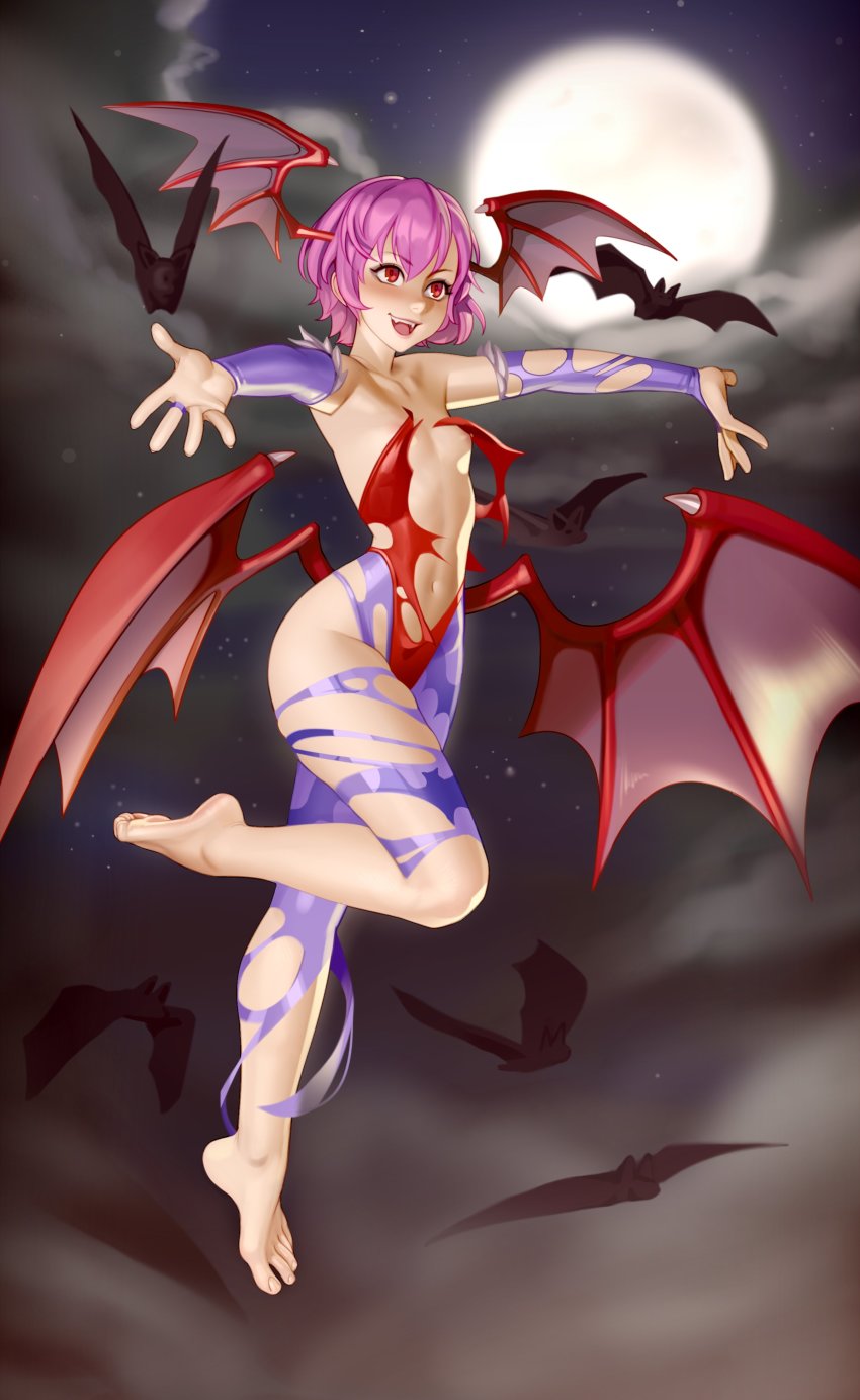 absurdres, animal print, bare shoulders, barefoot, bat, bat print, bat wings, clothing, darkstalkers, demon, demon girl, demon wings, detached sleeves, eyebrows visible through hair, feet, female, flat chest, greek toe, head wings, higher resolution available, highres, kairuhentai, kairunoburogu, lilith aensland, low wings, navel, nipples, red eyes, ripped clothing, smile, solo, succubus, thighs, toes, torn clothes, torn legwear, vampire (game), wings