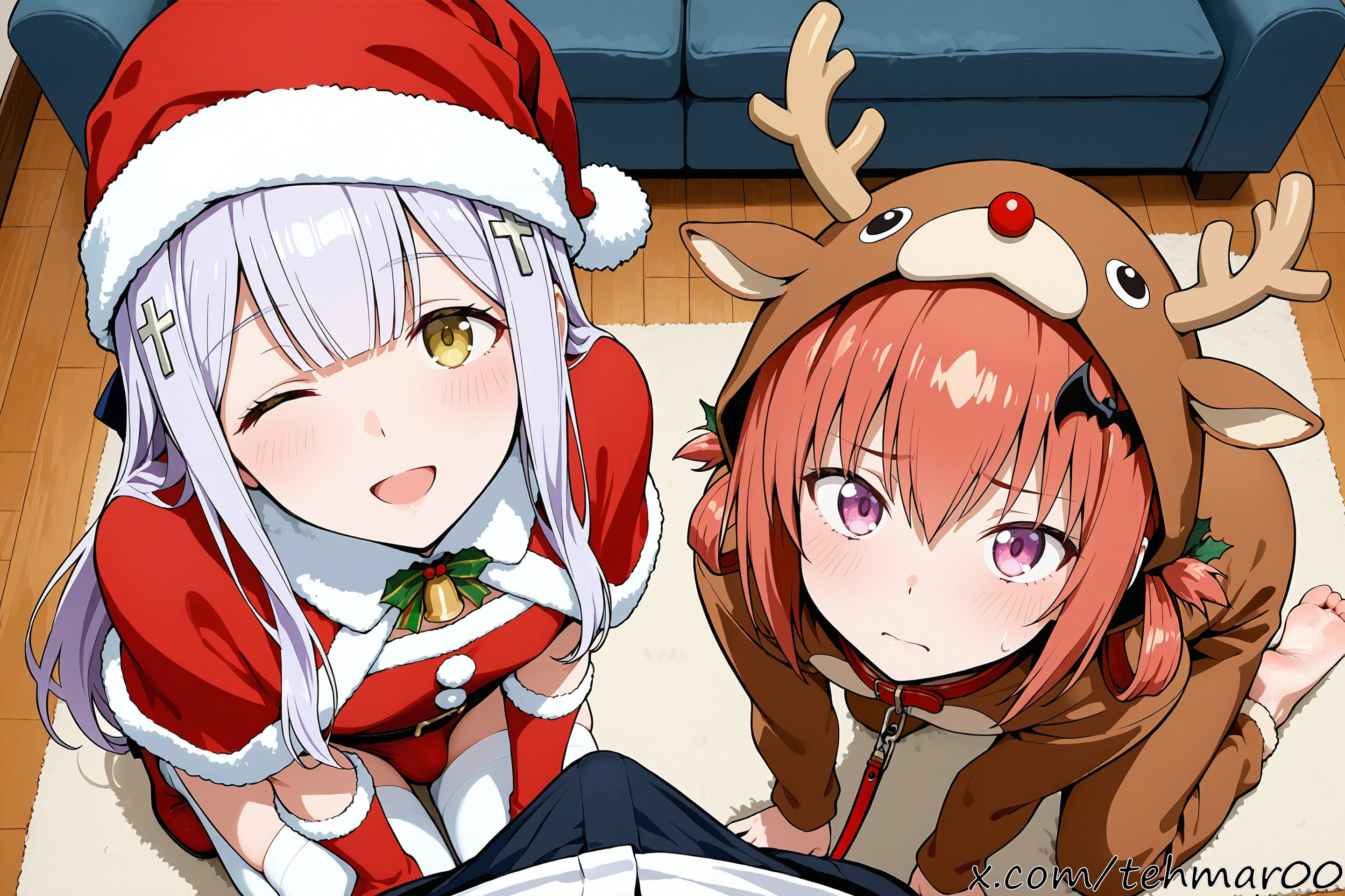 3boys, ai generated, all fours, animal costume, antlers, bangs, barefoot, bat hair ornament, bell, blunt bangs, blush, bulge, capelet, christmas, closed mouth, collar, cross hair ornament, erection under clothes, femboy, from above, gabriel dropout, genderswap (ftm), gloves, hair ornament, hair rings, indoors, kneeling, living room, long hair, looking at viewer, looking up, male, one eye closed, open mouth, pov, purple eyes, raphiel shiraha ainsworth, red hair, reindeer antlers, reindeer costume, ribbon, rule 63, santa costume, santa hat, satanichia kurumizawa mcdowell, sitting, smile, tagme, tehmar, thighhighs, trans woman, transfem, trap, white hair, wooden floor, yaoi, yellow eyes