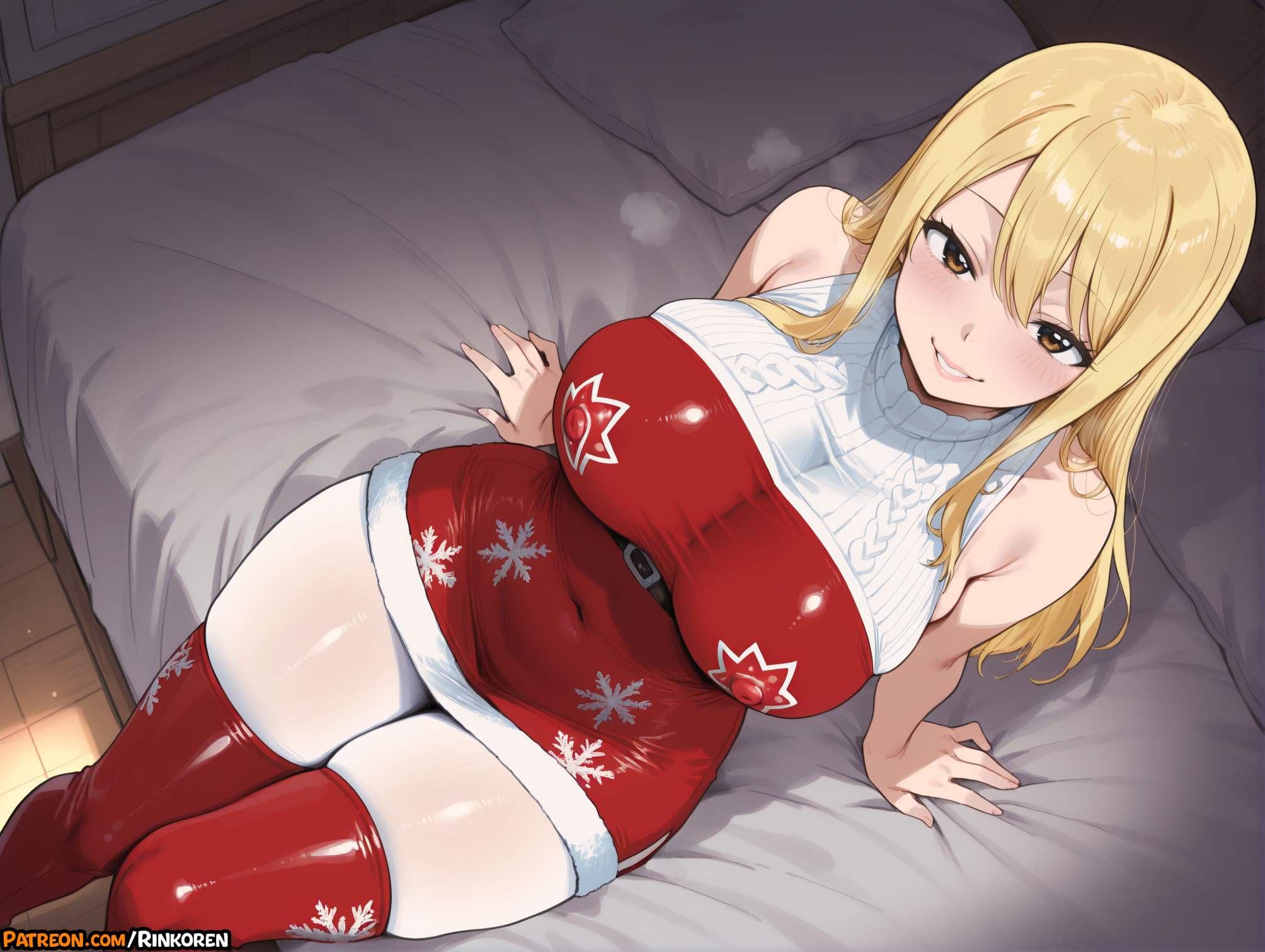 1girls, 2025, ai assisted, ai generated, anime, anime girl, anime style, artist name, bangs, bare shoulders, bed, blonde hair, blonde-haired female, blush, breasts, brown eyes, christmas, christmas clothing, christmas outfit, covered navel, dress, fairy tail, female, hi res, high quality, high res, high resolution, highres, indoors, large breasts, long hair, looking at viewer, lucy heartfilia, on bed, patreon, patreon username, pillow, red dress, red thighhighs, rinkoai, short dress, sitting, sleeveless, sleeveless dress, smile, snowflake print, solo, sweater, thighhighs, thighs, uncensored, watermark