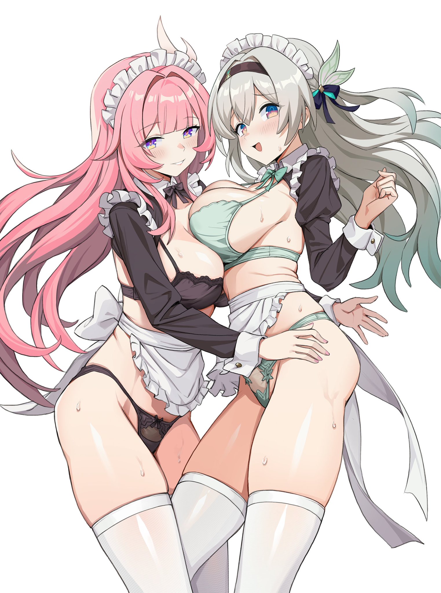 2girls, black bra, black panties, black underwear, bra, breast press, breasts, cyrene (honkai: star rail), cyrene (ripples of past reverie) (honkai: star rail), exposed breasts, female, female only, firefly (honkai: star rail), green bra, honkai: star rail, hoyoverse, long hair, maid, maid headdress, maid outfit, maid uniform, mihoyo, multicolored eyes, multicolored hair, multiple girls, panties, pink hair, purple eyes, thighhighs, underwear, very long hair, very short skirt, white panties, white thighhighs, white underwear
