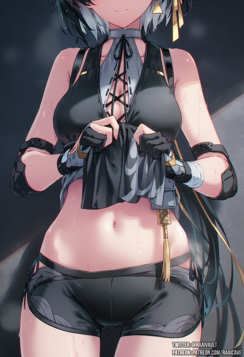 1girls, ai generated, belly, belly button, cleavage, clothed, clothing, female rover (wuthering waves), highres, hips, lifting shirt, midriff, navel, out of frame, raaicave, rover (wuthering waves), seductive smile, shorts, smile, tummy, wuthering waves