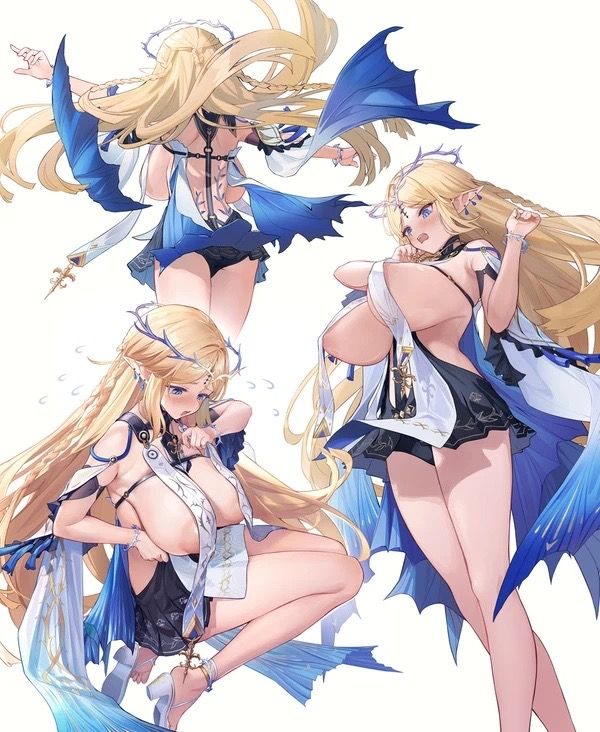 1girls, areola, big, big breasts, blonde hair, blonde-haired female, blue eyes, blush, breasts, cartethyia (wuthering waves), earrings, elf, female, female only, light-skinned female, long hair, looking at viewer, massive breasts, mostly nude, nipples, open mouth, partially clothed, partially nude, pointy ears, simple background, smaller female, solo, supertie, tacet mark (wuthering waves), wuthering waves