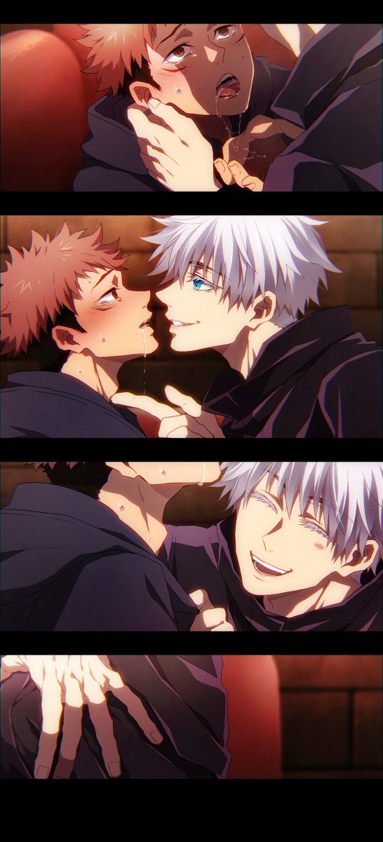 2boys, crying, forced kiss, itadori yuuji, jujutsu kaisen, kissing, male, saliva, saliva trail, satoru gojo, yaoi