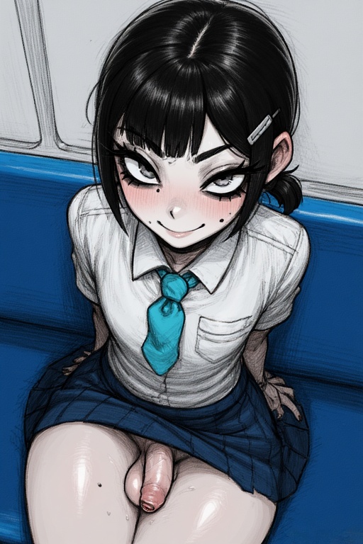1boy, 1femboy, 1male, ai assisted, ai generated, background, black hair, blush, blushing, exhibitionism, eyelashes, femboy, feminine, feminine male, flaccid, grey eyes, hair ornament, high angle, light-skinned male, looking at viewer, makeup, male, male only, mole, ozzy123, penis, pov, revealing clothes, school uniform, skirt, skirt lift, small penis, solo, subway, thick thighs, thighs, tie, train, upskirt, white shirt