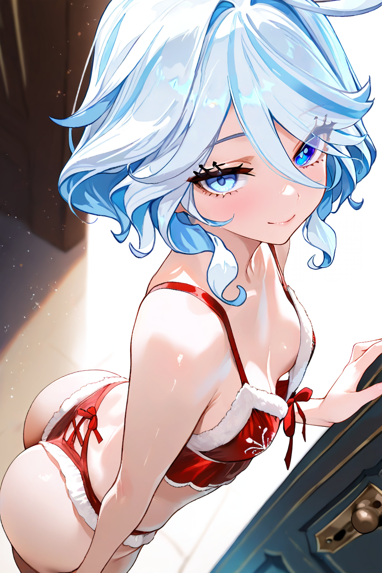 ai generated, ass, big ass, breasts, christmas, female, female only, from above, from below, furina (genshin impact), furiwif07, genshin impact, heterochromia, hoyoverse, lingerie, looking at viewer, mihoyo, seductive, seductive look, sex, sexy, small breasts, standing