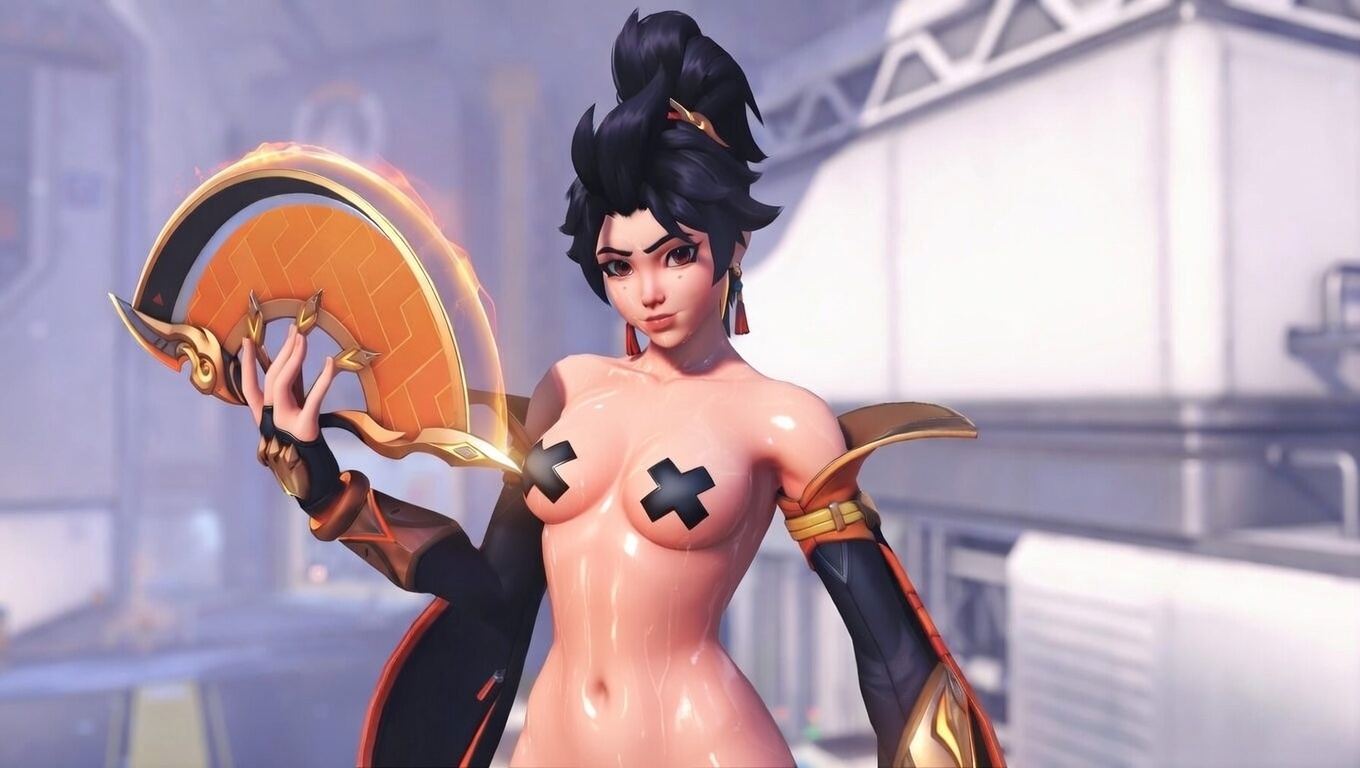1girls, 3d, ai generated, anran, asian, asian female, black hair, black-haired female, covered nipples, cross pasties, functionally nude, functionally nude female, light skin, light-skinned female, looking at viewer, medium breasts, official art, oiled, oiled skin, overwatch, overwatch 2, pasties, ponytail, tessen, third-party edit, war fan, x pasties