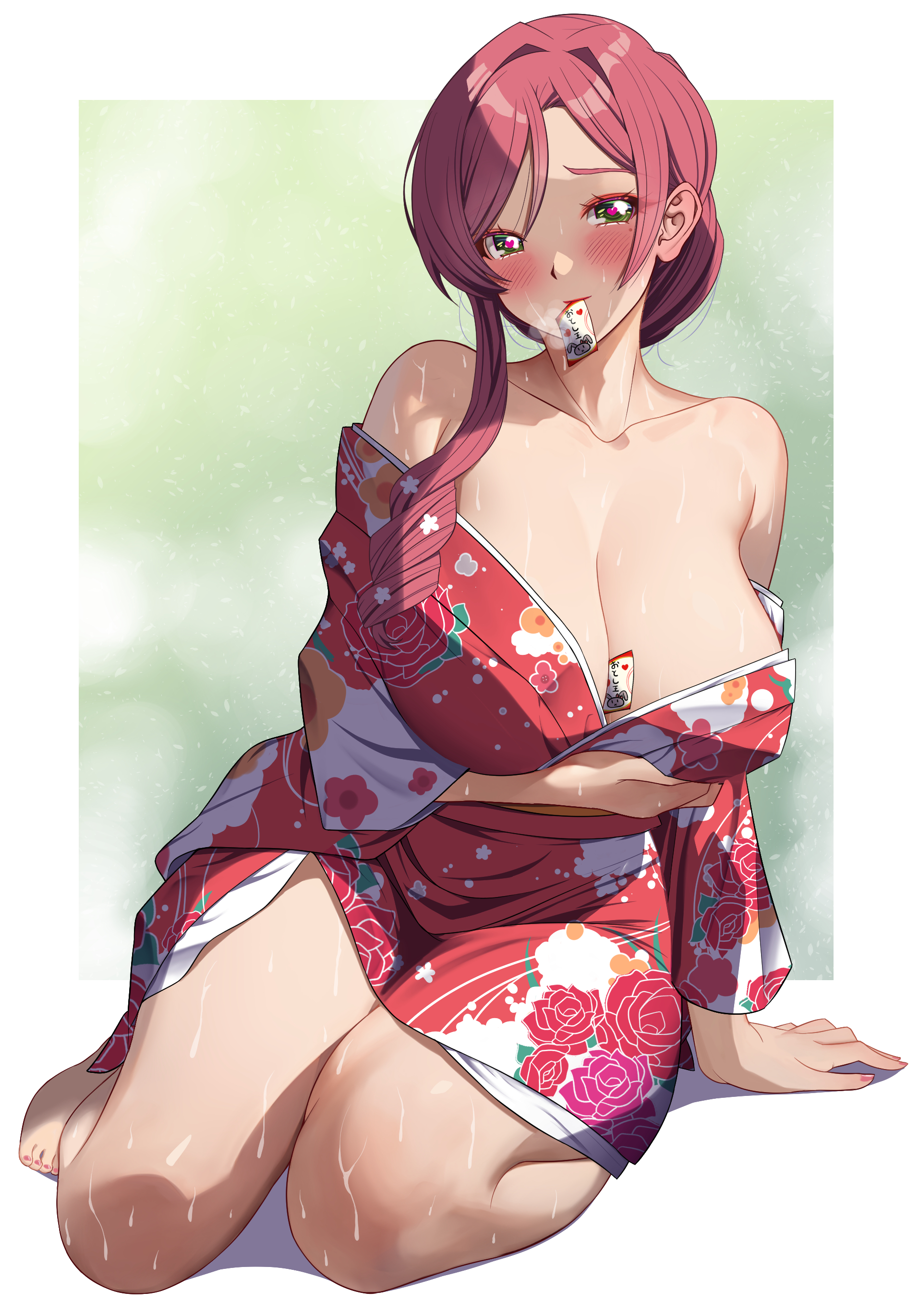 1girls, akihiro0920, big breasts, blush, breasts, cleavage, clothing, female, female only, green eyes, hair, hanazono hahari, heart-shaped pupils, huge breasts, japanese clothes, kimi no koto ga dai dai dai dai daisuki na 100-nin no kanojo, kimono, mature, mature female, mature woman, milf, mole, mole under eye, mother, nail polish, nails, object between breasts, object in mouth, pink hair, pink nail polish, pink nails, red kimono, smile, solo, solo female, sweat, sweatdrop, sweating, sweaty, sweaty body, the 100 girlfriends who really really really really really love you, thighs