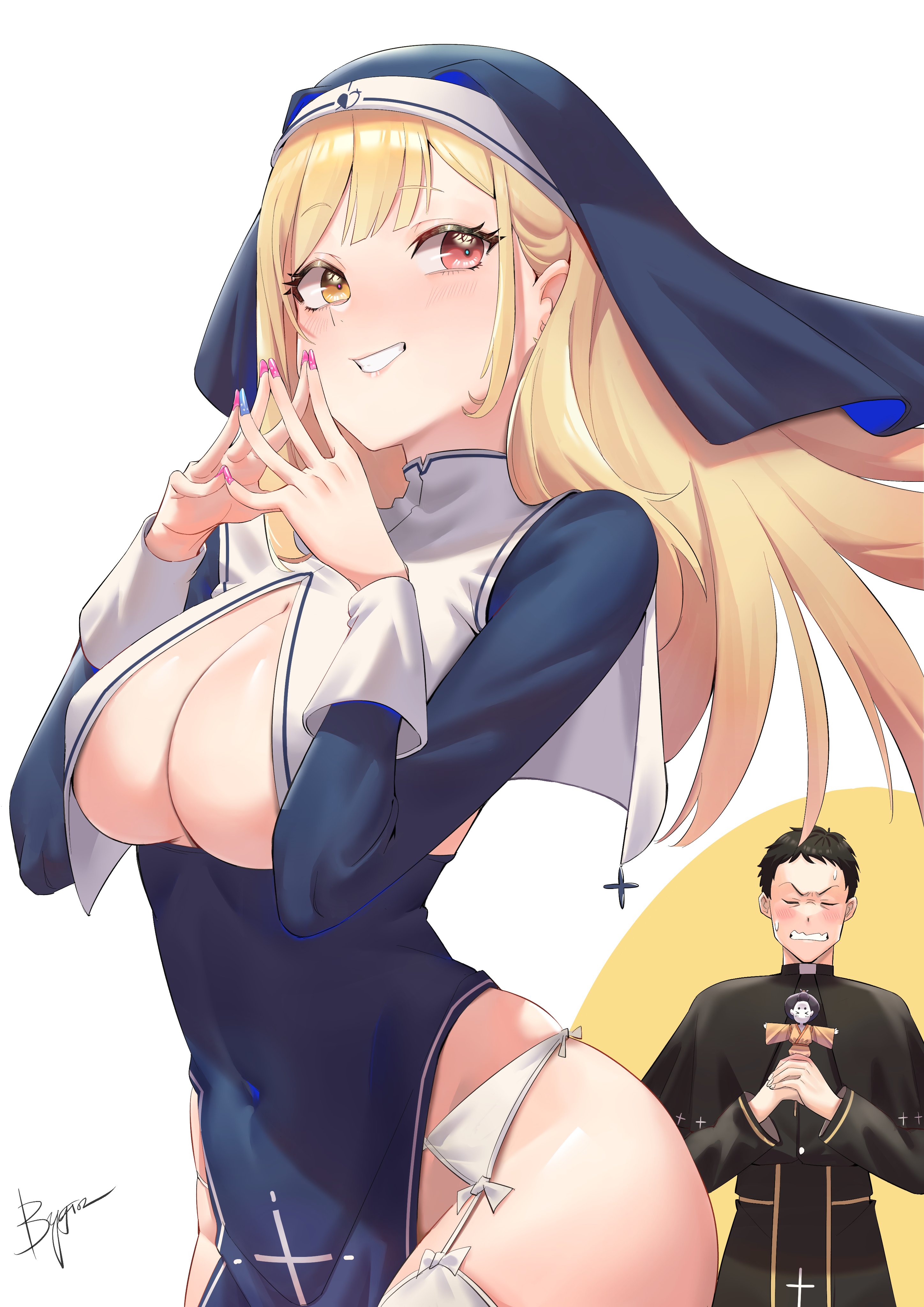 1boy, 1girls, absurdres, artist name, big breasts, black hair, blonde hair, blue nails, blush, breasts, bygin, cleavage, closed eyes, commentary request, cosplay, covered navel, cross, dress, female, fingernails, grin, habit, heart, heterochromia, highres, hololive, houshou marine, houshou marine (cosplay), jacket, kitagawa marin, large breasts, long hair, long sleeves, looking at viewer, nail polish, nun, own hands together, pink nails, red eyes, signature, simple background, smile, sono bisque doll wa koi wo suru, steepled fingers, teeth, thighs, underboob, virtual youtuber, wavy mouth, white background
