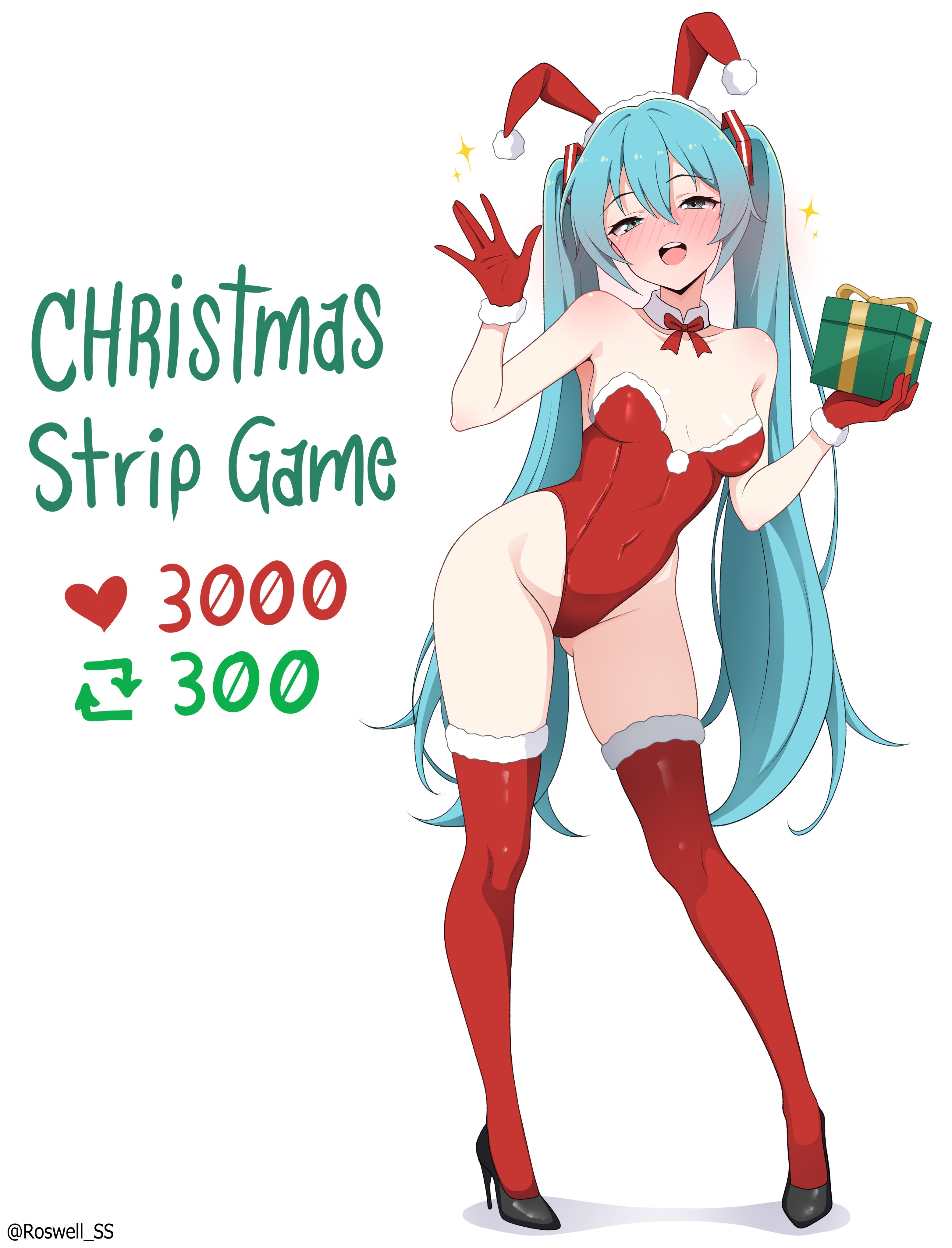 1girl, 1girls, animal ears, aqua eyes, aqua hair, ass visible through thighs, bare shoulders, black footwear, blush, box, breasts, bunnysuit, christmas, covered navel, detached collar, fake animal ears, female, female only, full body, fur trim, fur-trimmed gloves, fur-trimmed legwear, gift, gift box, gloves, hair between eyes, hatsune miku, high heels, highleg, highleg leotard, holding, holding gift, idol, leotard, light skin, light-skinned female, long hair, looking at viewer, merry christmas, open mouth, playboy bunny, rabbit ears, red gloves, red leotard, red thighhighs, roswell-ss, santa hat, sega, simple background, small breasts, smile, solo, standing, strapless, strapless leotard, strip game, thighhighs, twintails, very long hair, vocaloid, white background