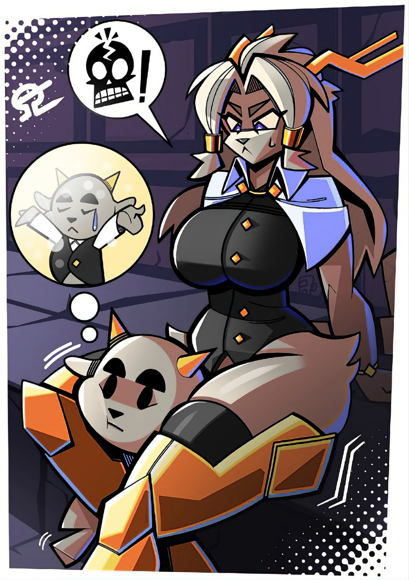 adorable, alvh omega, amogus, angry face, anthro, big breasts, bracelet, butler (pseudoregalia), clothed, clothing, furry, furry female, furry male, golden horns, gray body, head between thighs, hi res, horns, legwear, long hair, looking at partner, pseudoregalia, serious face, skull symbol, sybil (pseudoregalia), thick thighs, voluptuous
