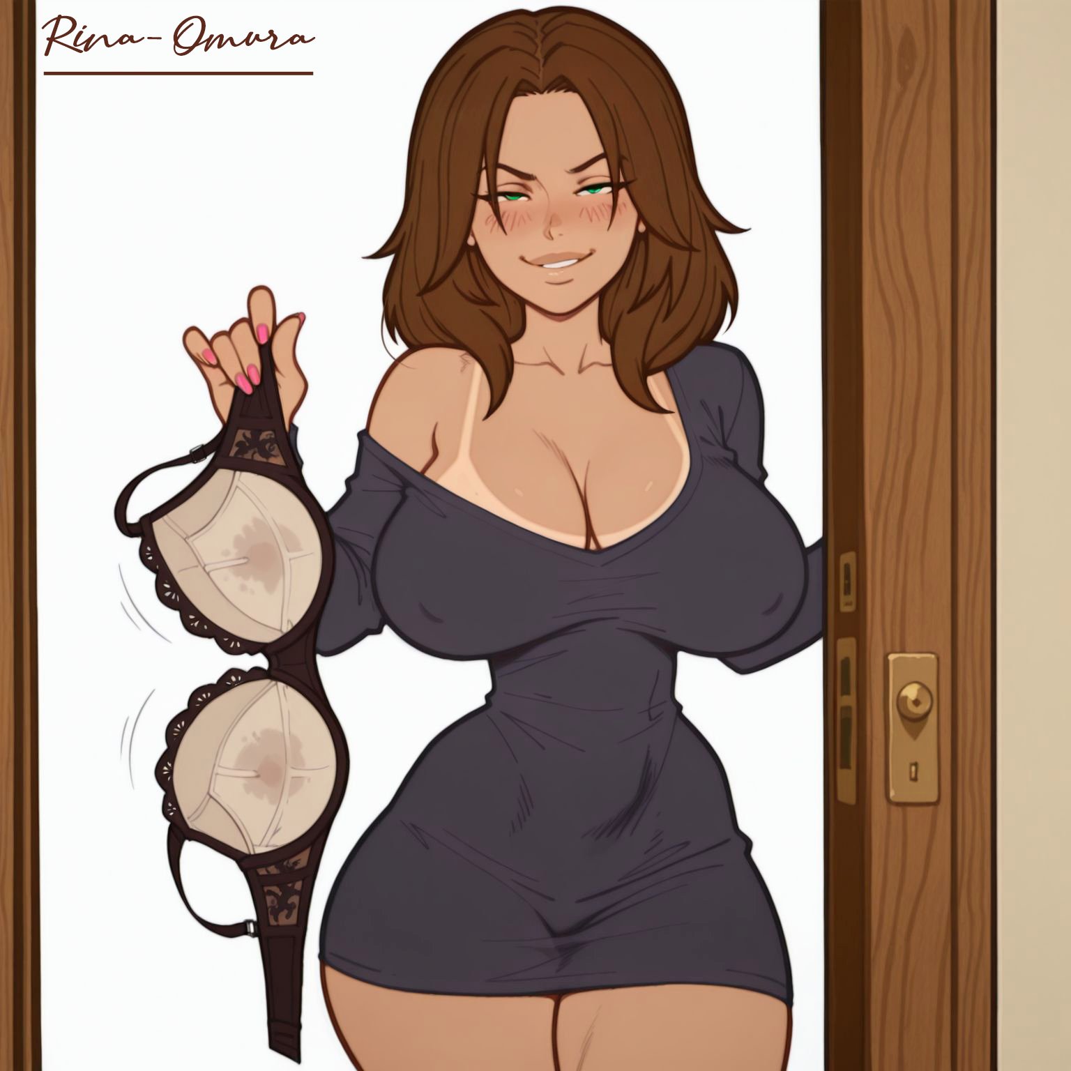 ai generated, blush, bonnie rockwaller, bra, breasts, brown hair, busty, disney, disney channel, female, female focus, female only, green eyes, hourglass figure, kim possible, looking at viewer, rina-omura, wide hips